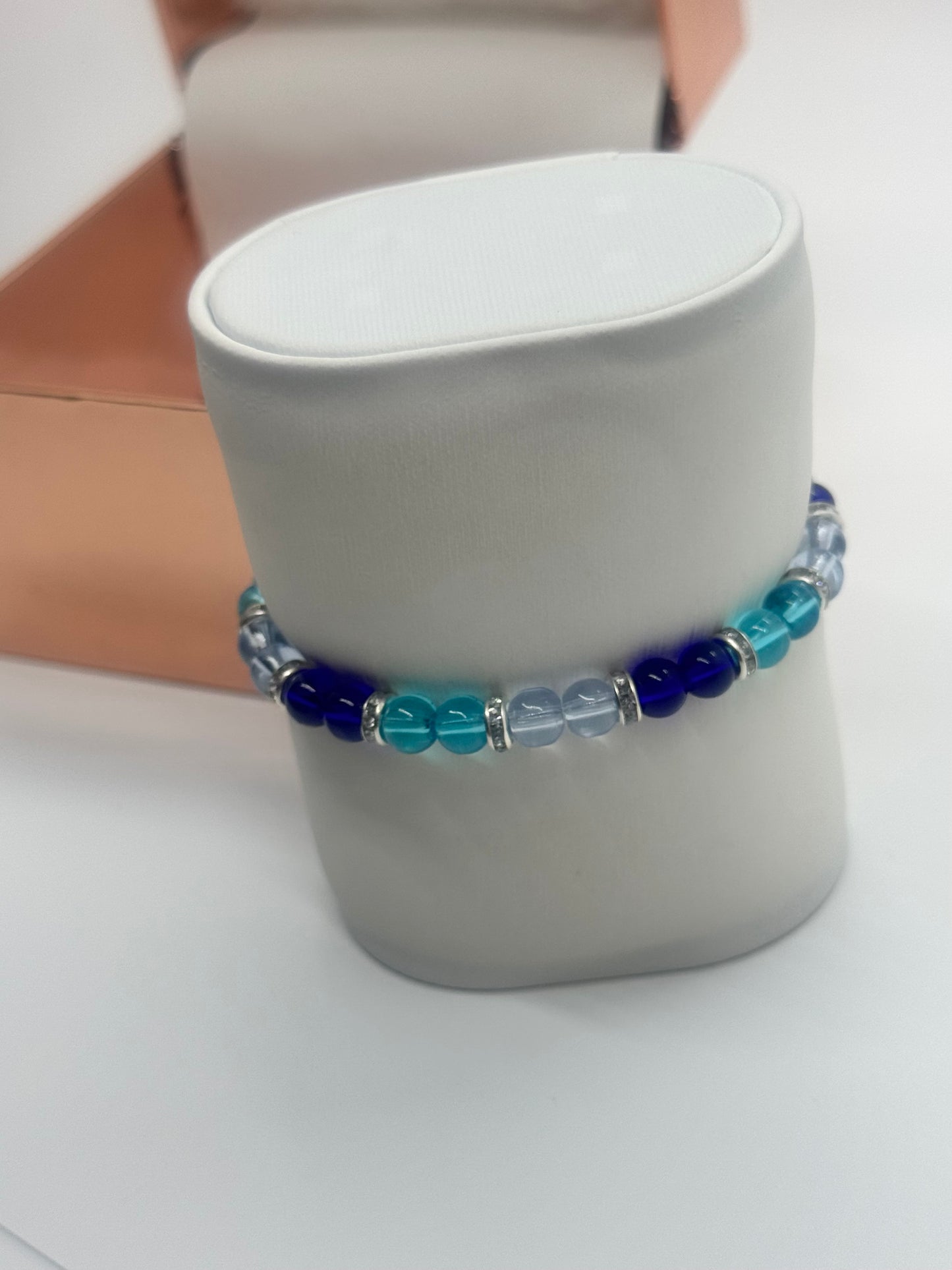 Glass Bead Bracelet #151 – Blue Transparent Beads with Silver & Crystal Accents