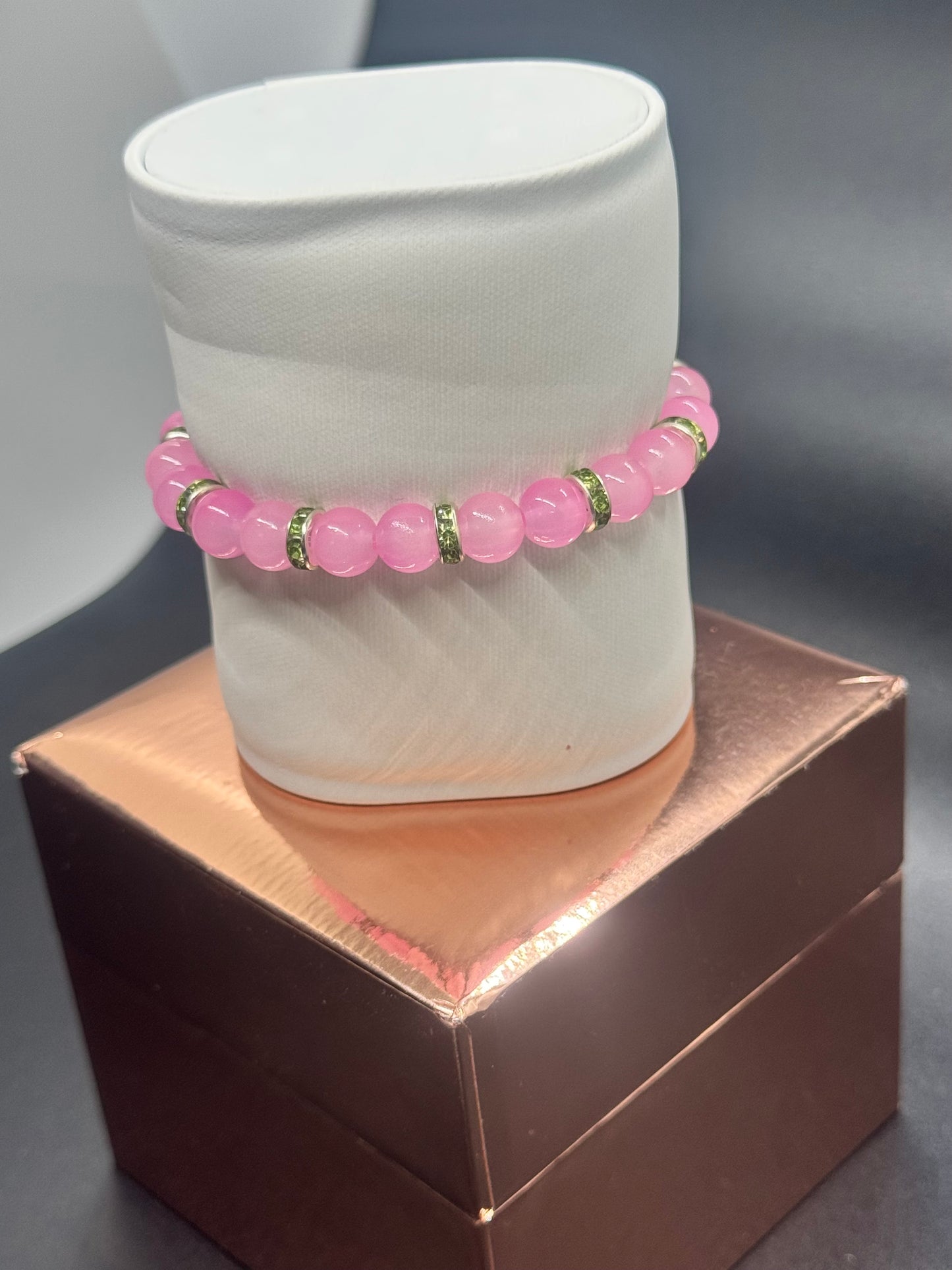 Glass Bead Bracelet #176 – Pink Beads with Silver & Green Crystals