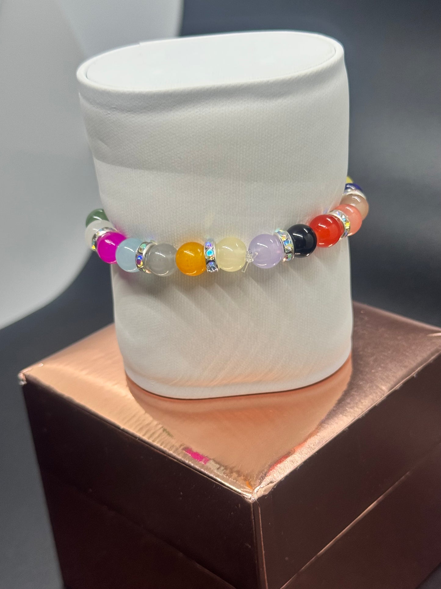 Glass Bead Bracelet #116 – Multi-Colored & Crystal Accents