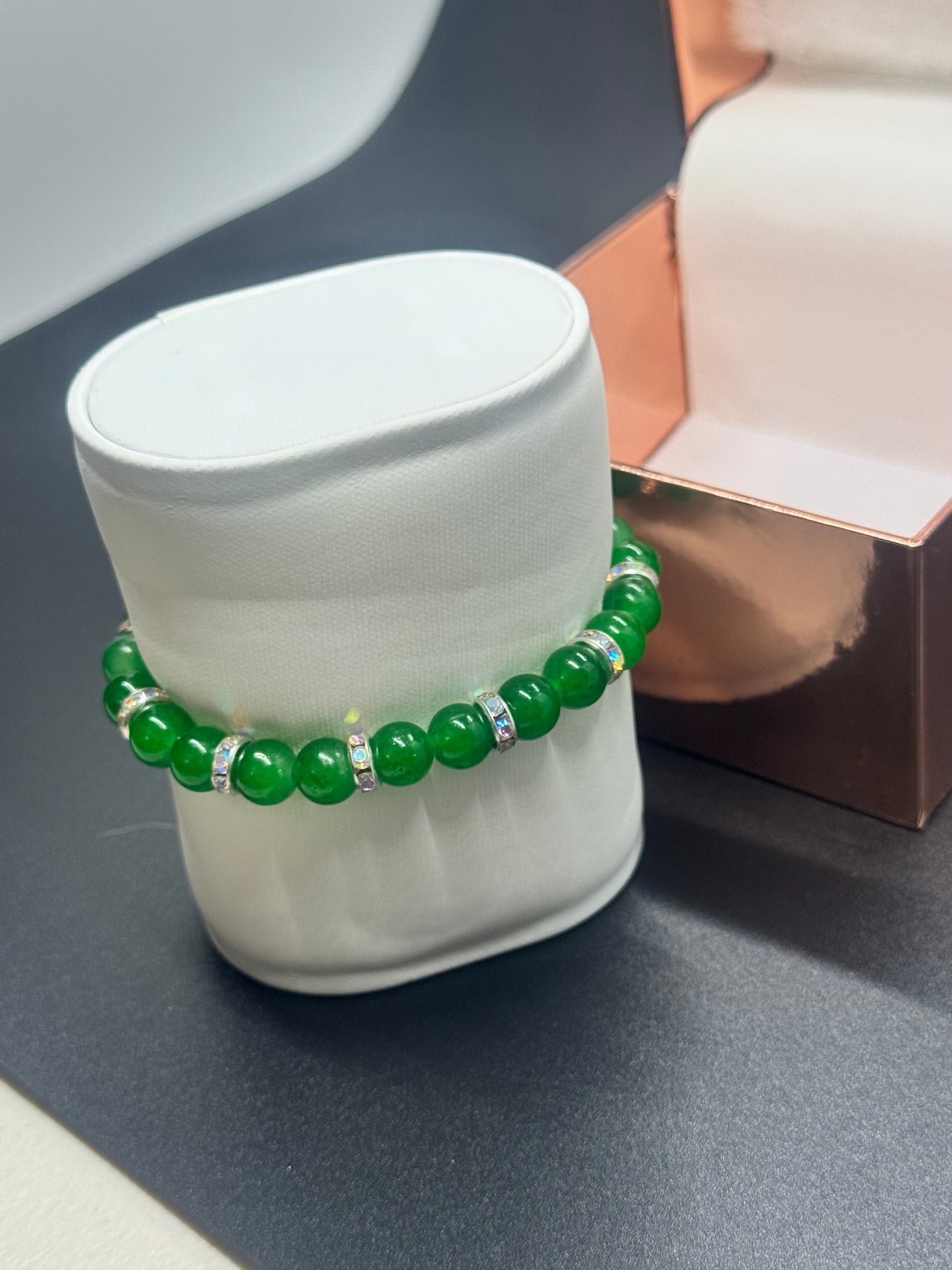 Glass Bead Bracelet #123 – Elegant Green Beads & Crystals