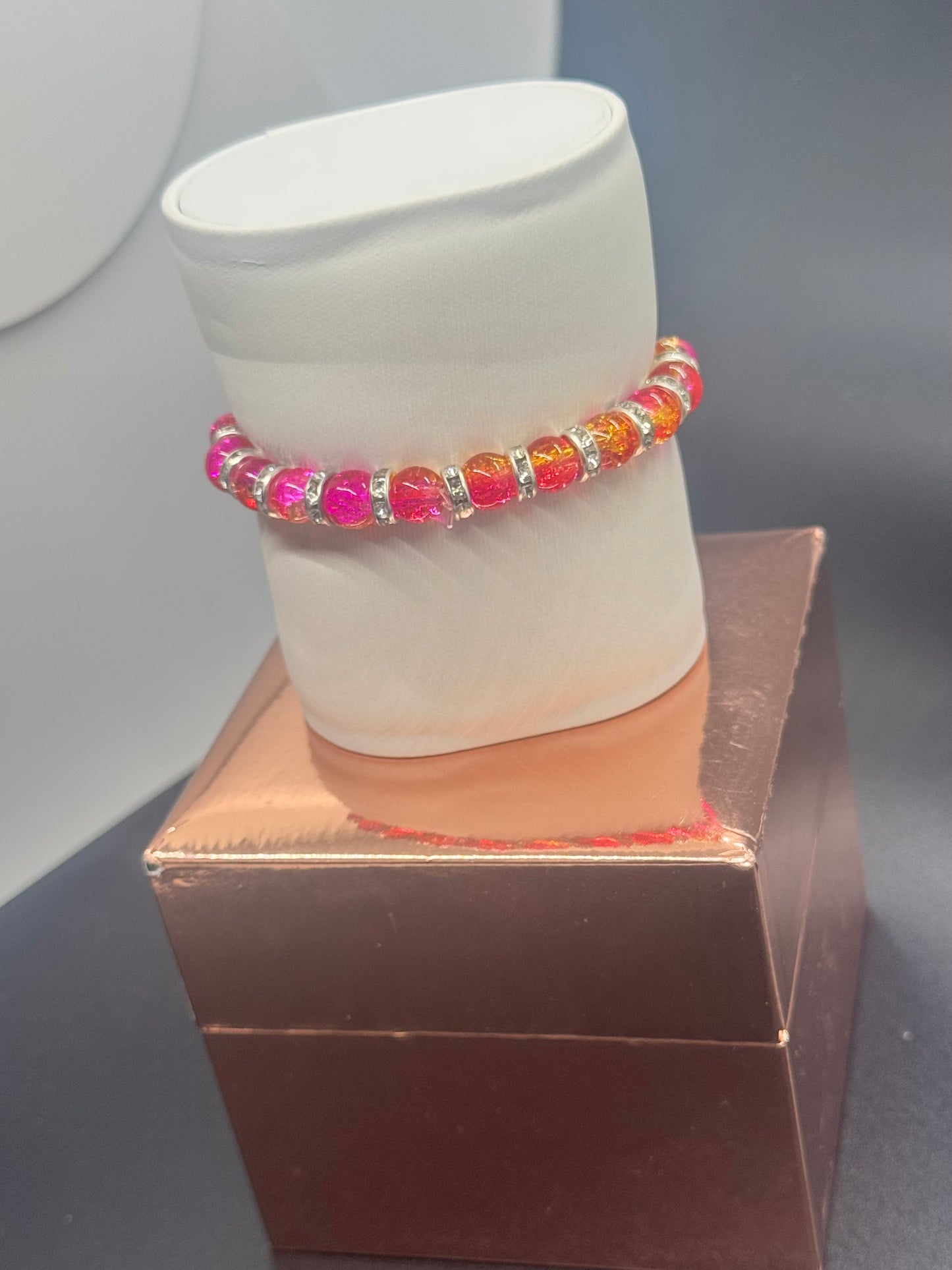 Fancy Bead Bracelet #121 – Pink, Orange & Blue Crackle Beads