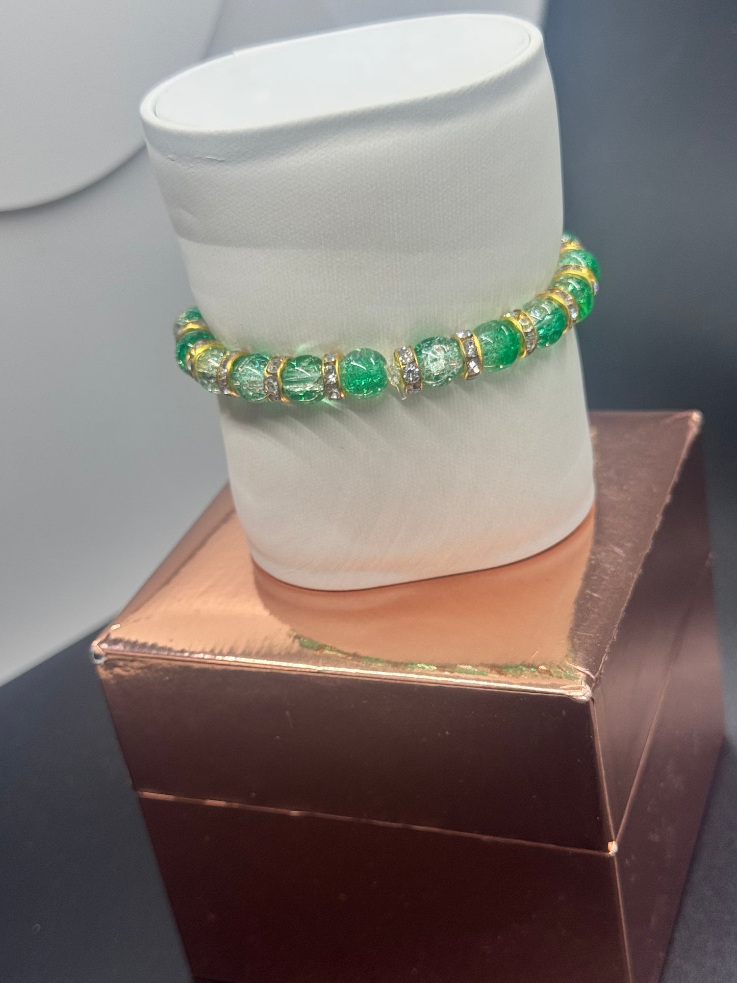 Fancy Bead Bracelet #118 – Dark & Light Green Crackle Beads