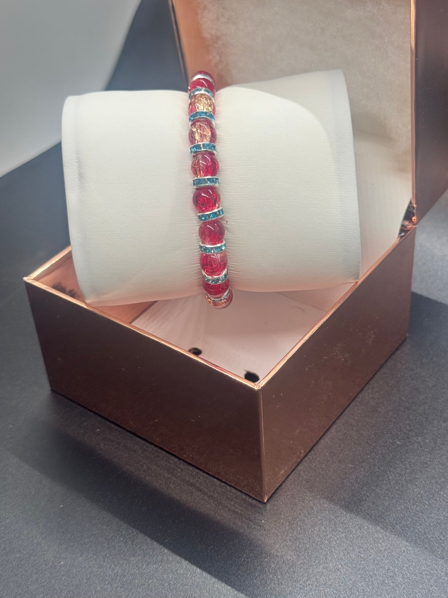 Fancy Bead Bracelet #105 – Red & Light Blue Crackle Beads