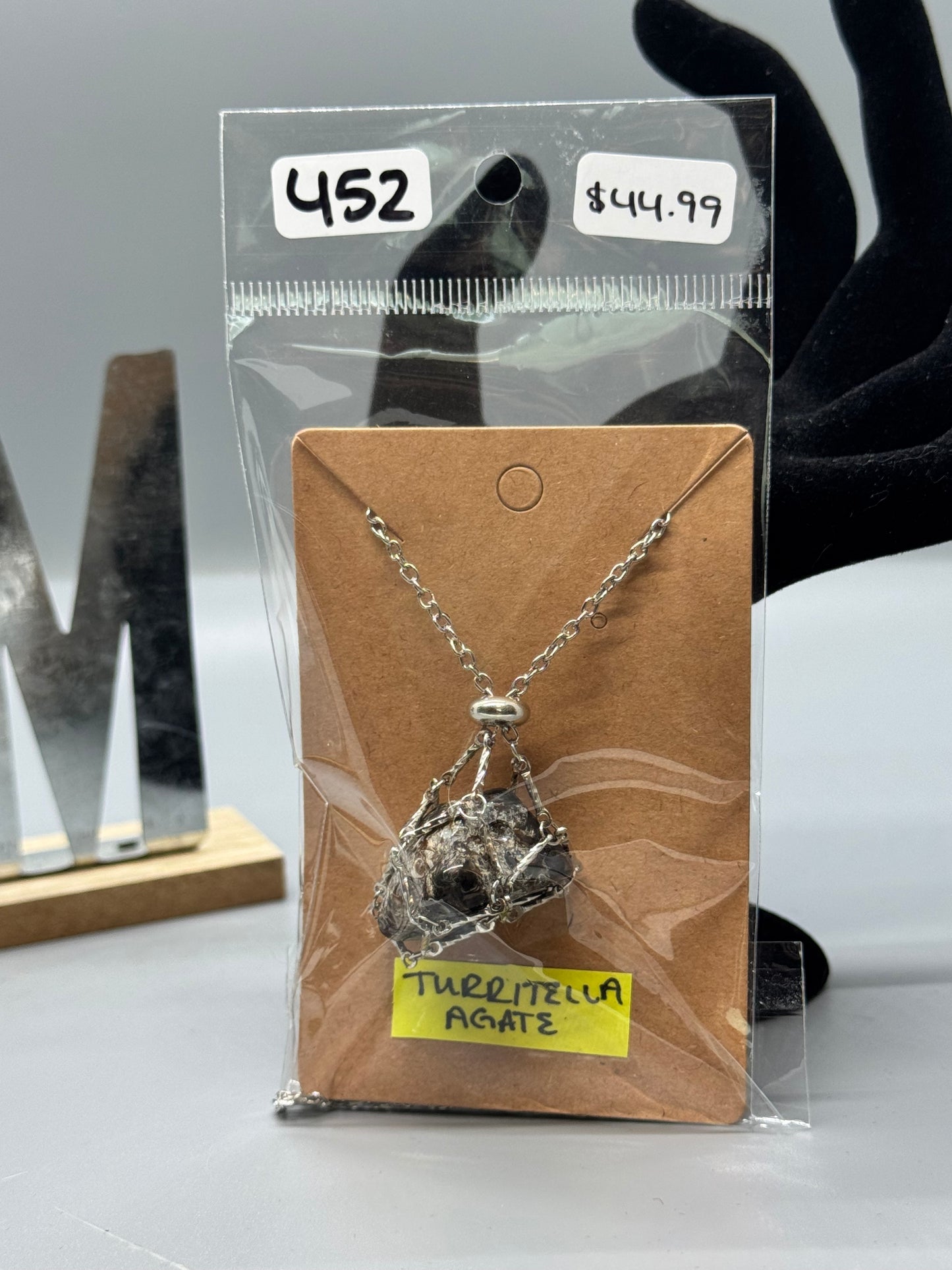 Turritella Agate Pendant on 32" Silver Chain #452