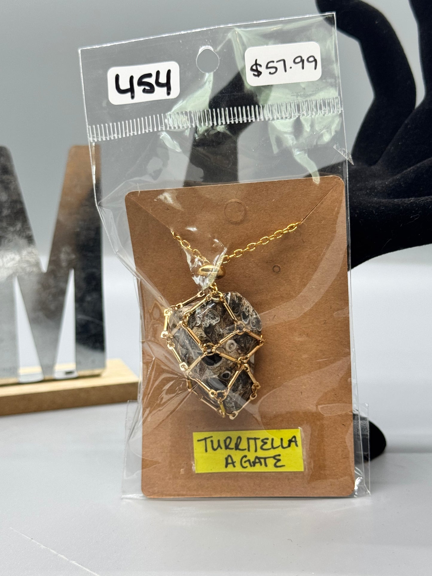 Turritella Agate Necklace on Gold 32" Chain #454