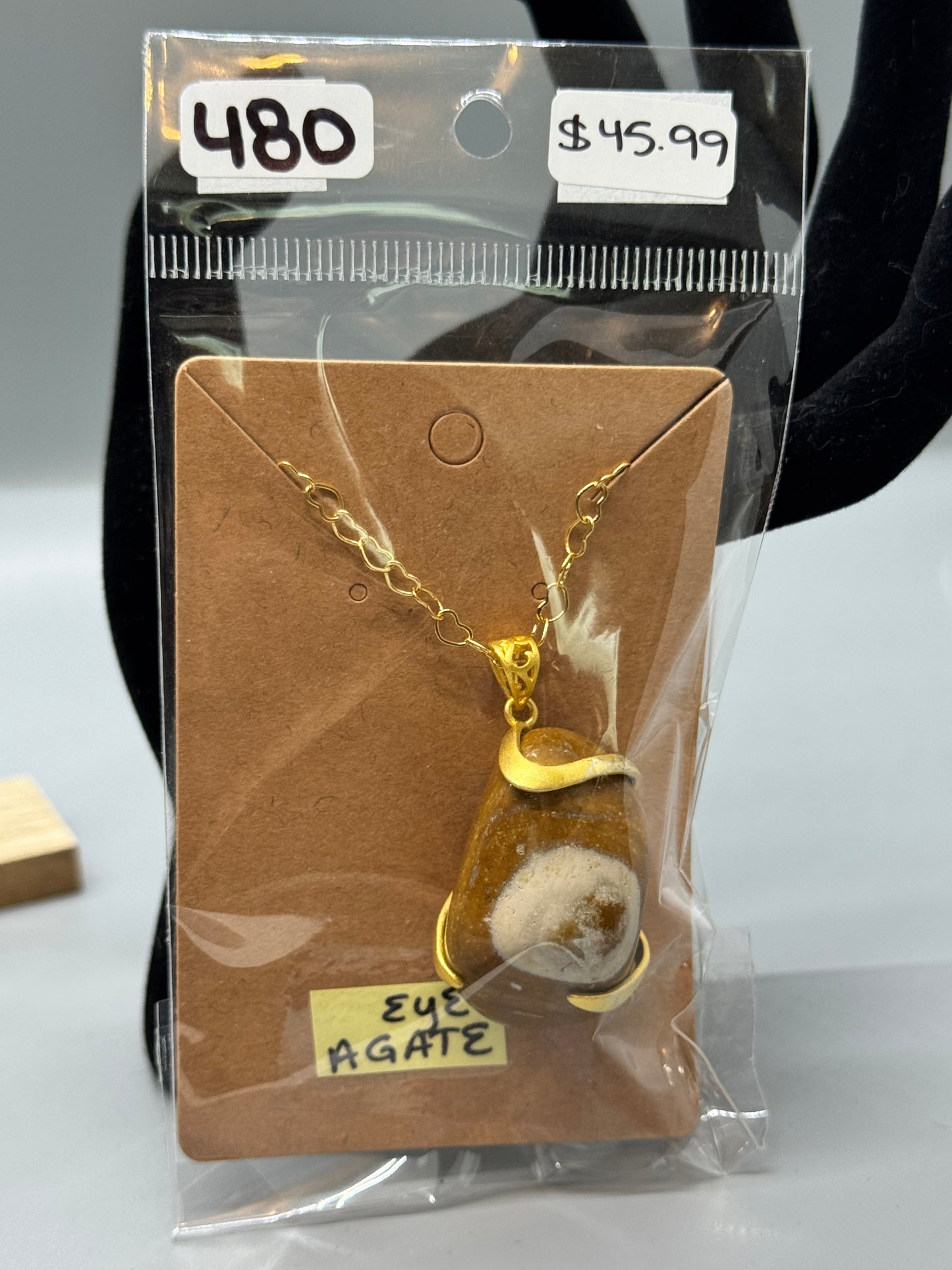Eye Agate Necklace on 10K Gold-Plated Heart Chain # 480