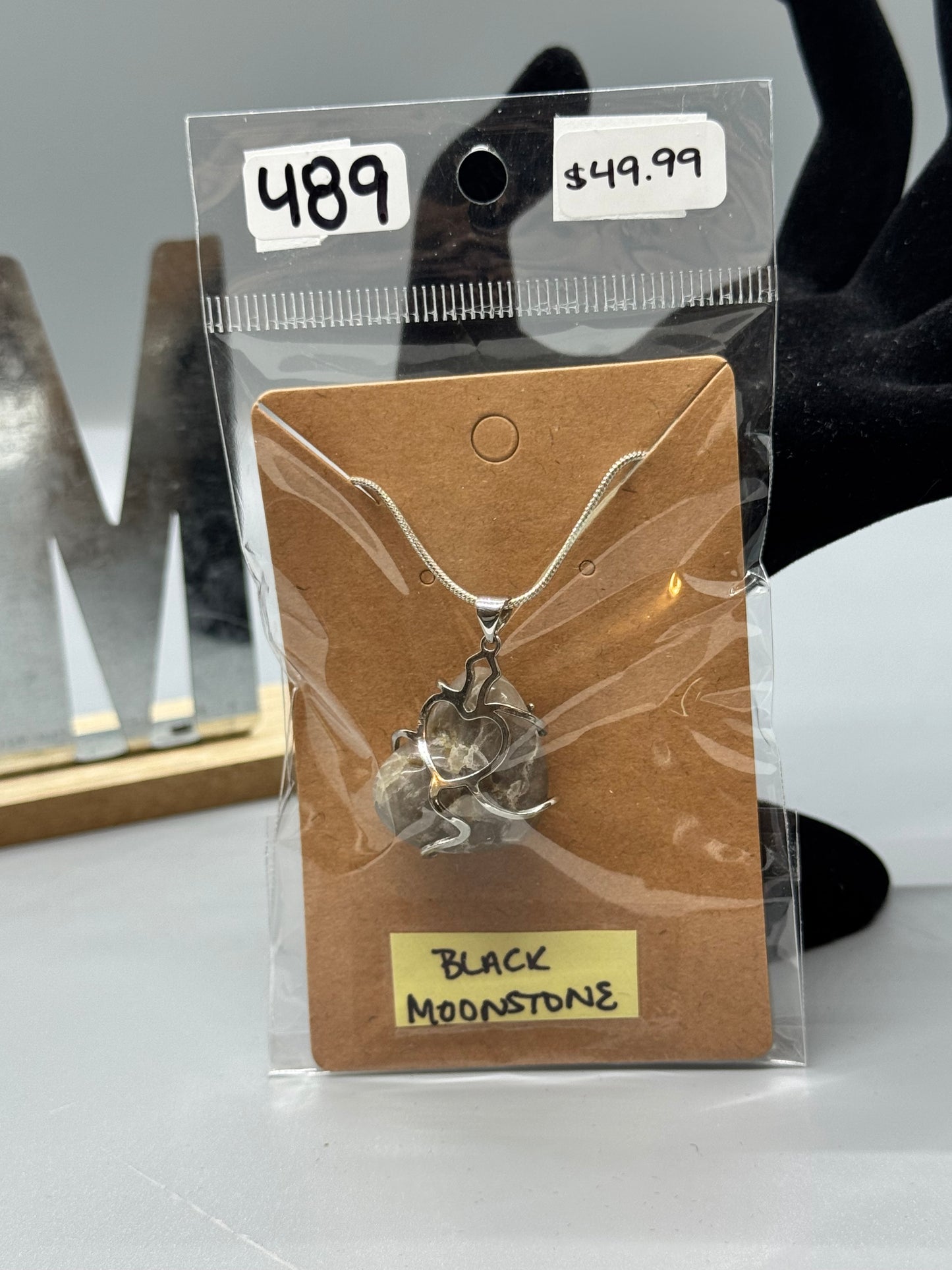 Black Moonstone Necklace on 925 Sterling Chain # 489