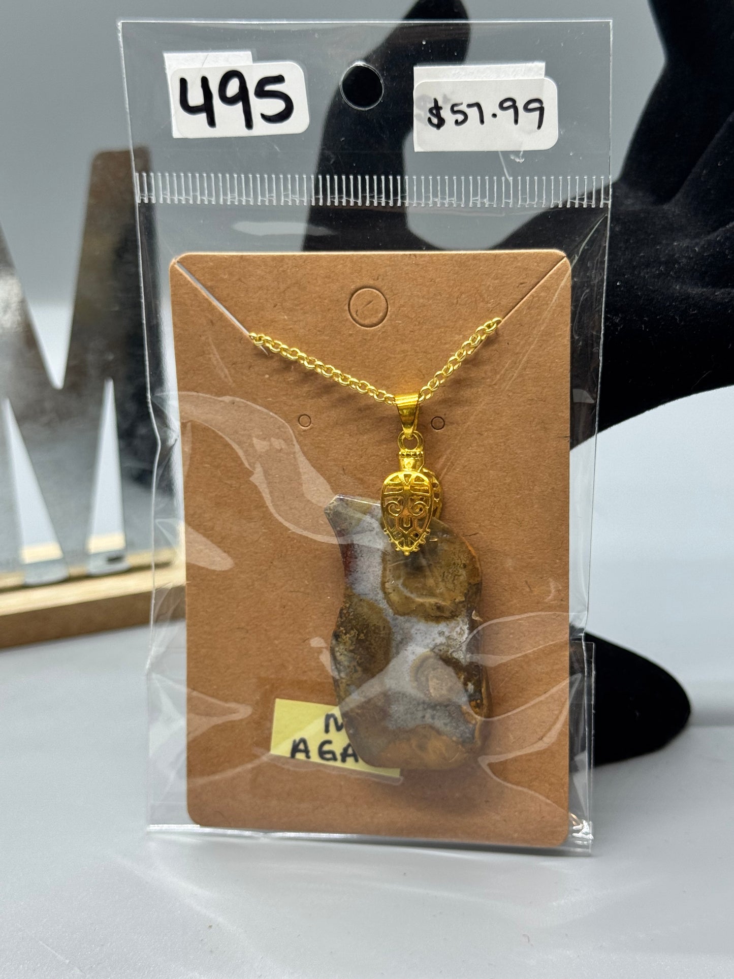 Moss Agate Necklace on 24" Gold-Plated Chain # 495