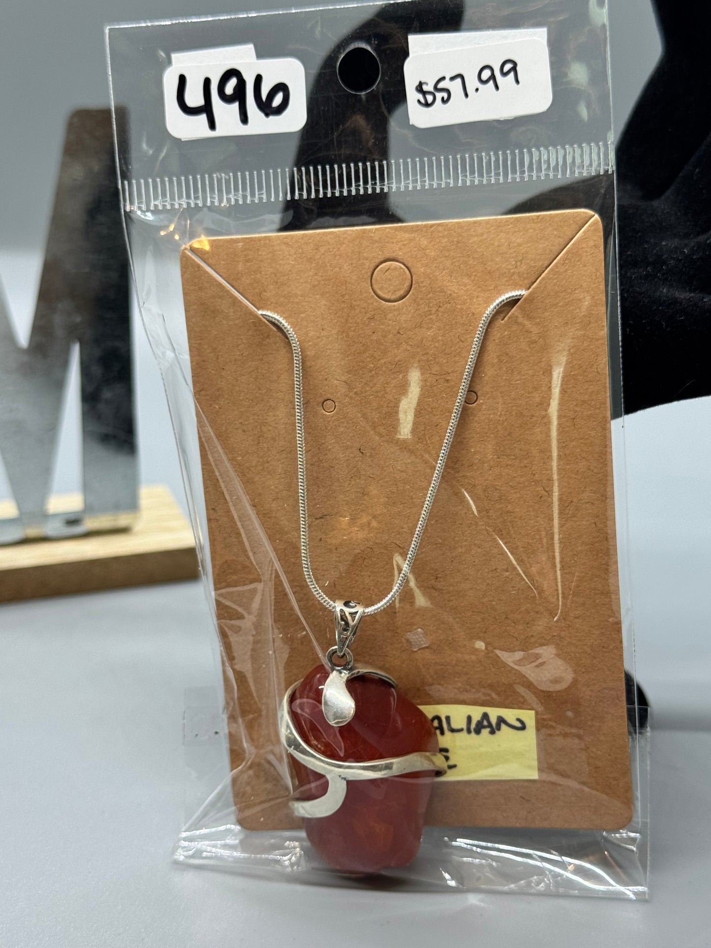 Carnelian Agate Necklace on 22" Sterling Silver Chain # 496