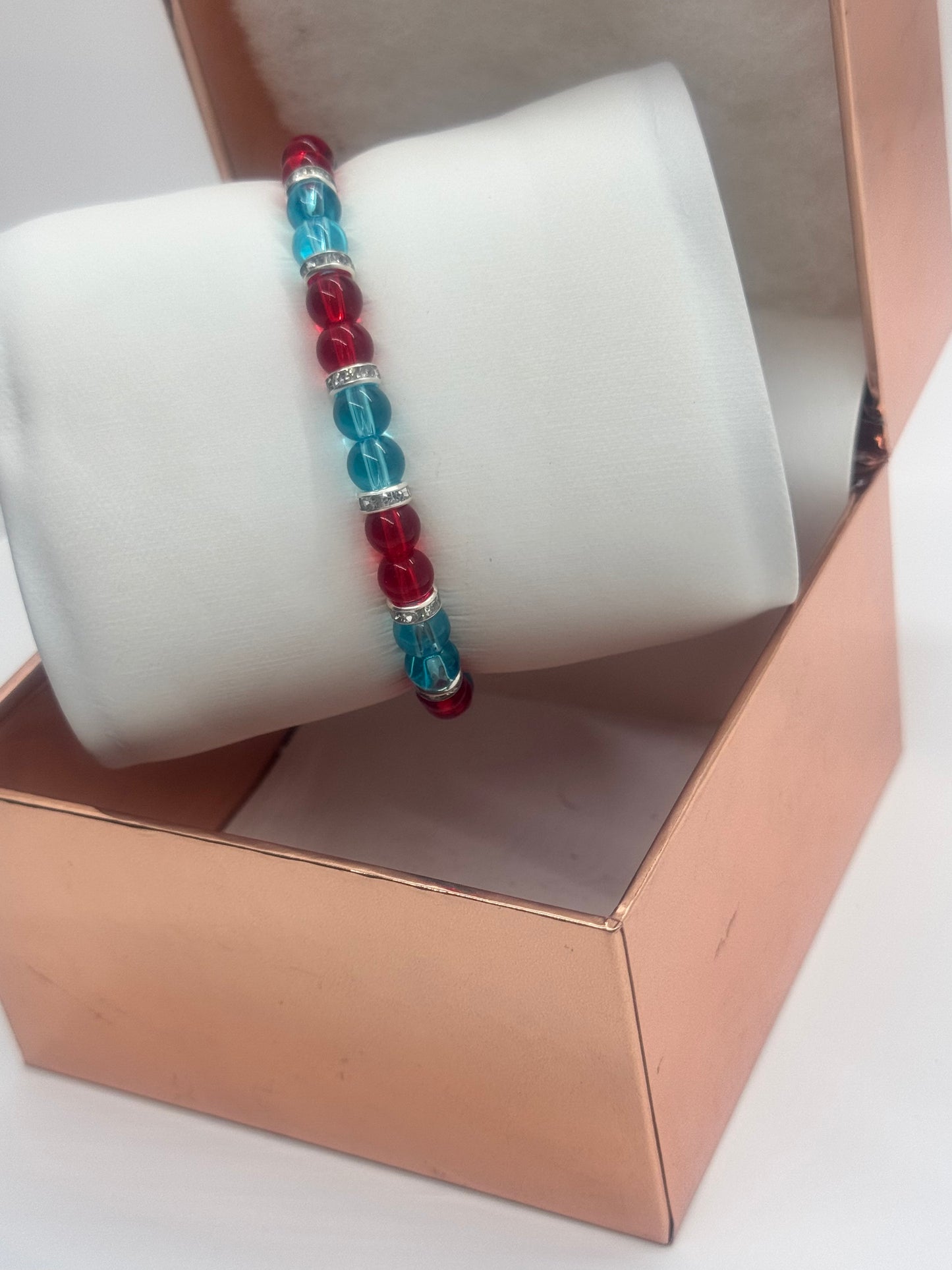 Glass Bead Bracelet #165 – Lake Blue & Red Beads with Silver Accents