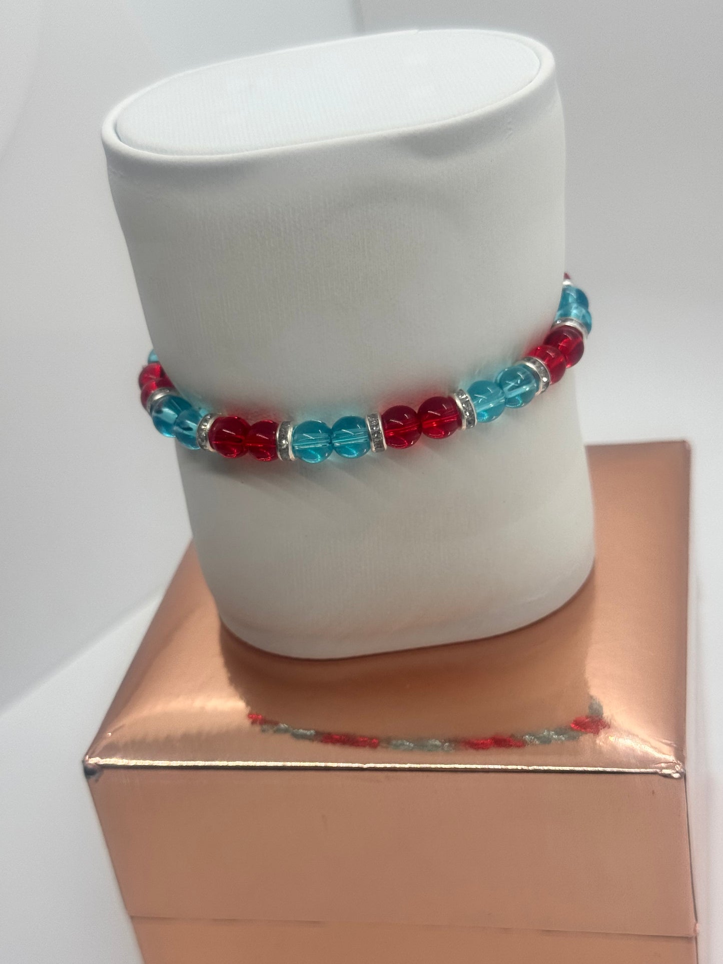 Glass Bead Bracelet #165 – Lake Blue & Red Beads with Silver Accents