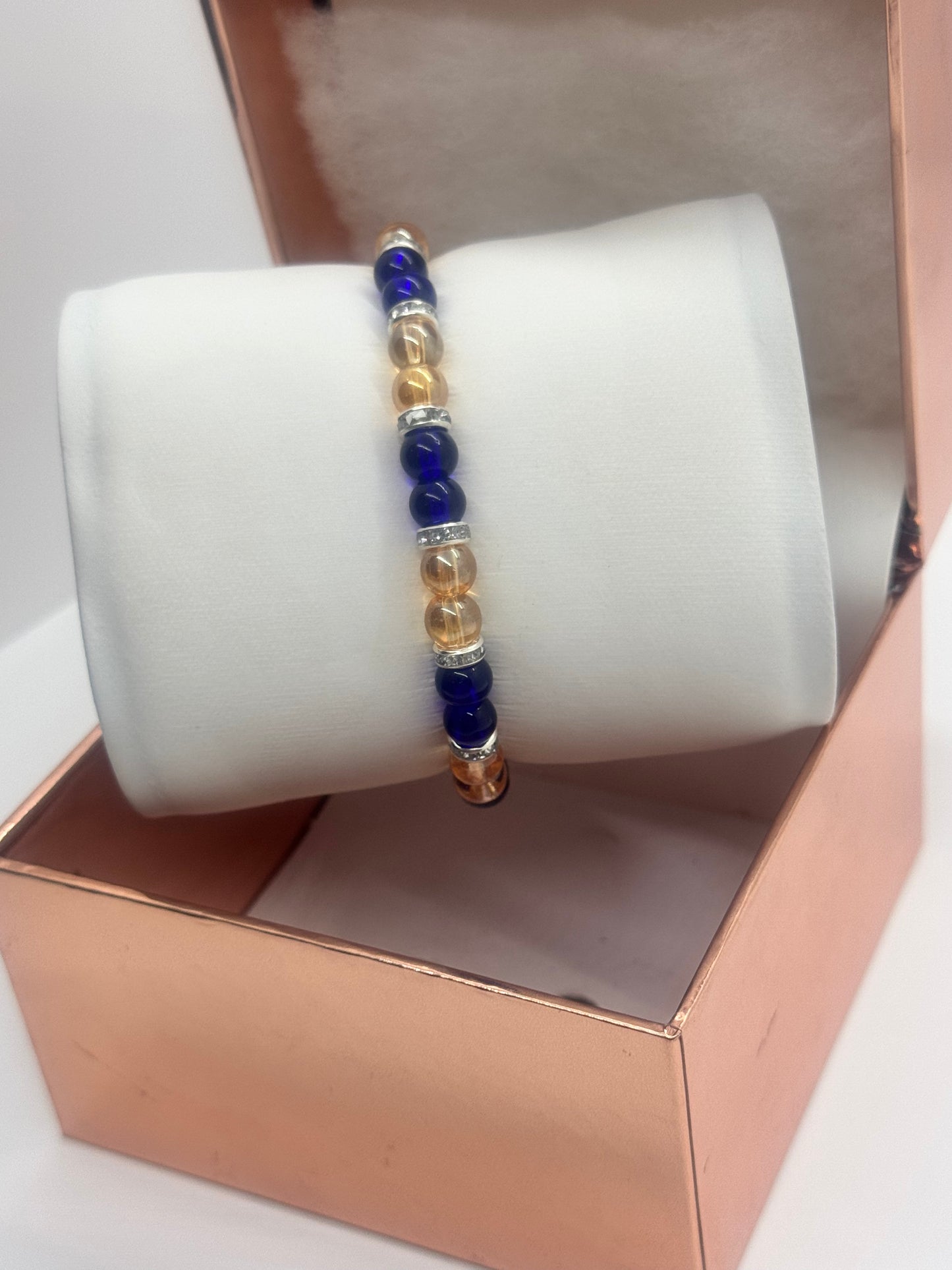 Dark Blue & Champagne Glass Bead Bracelet 6.5" #180