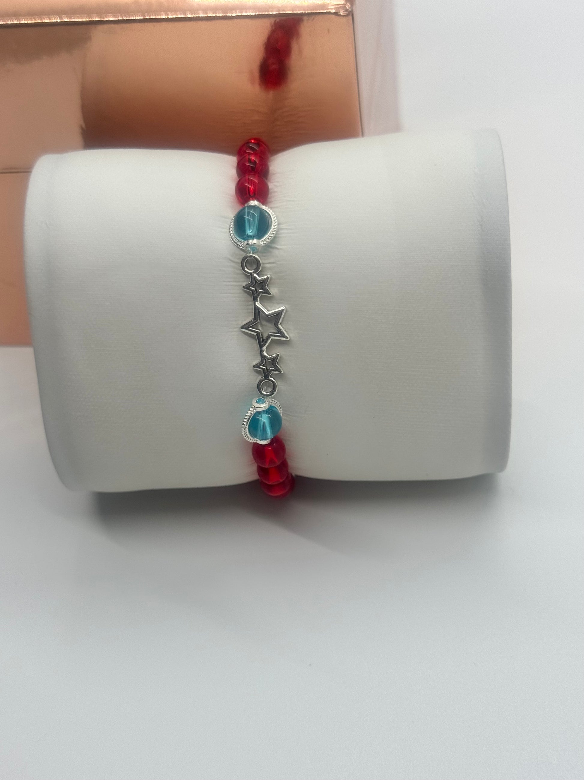Red & Lake Blue Glass Bead Bracelet #148 with Star Charm