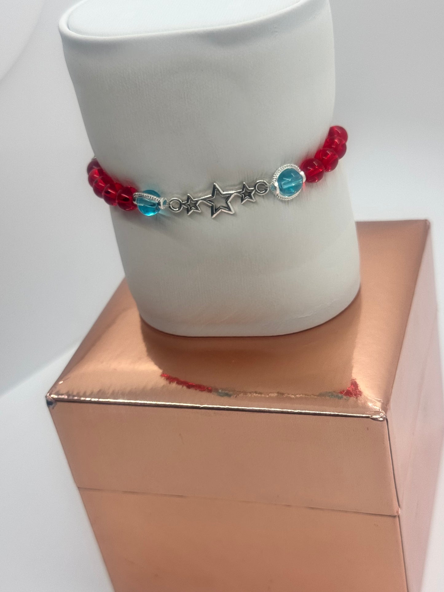Red & Lake Blue Glass Bead Bracelet #148 with Star Charm