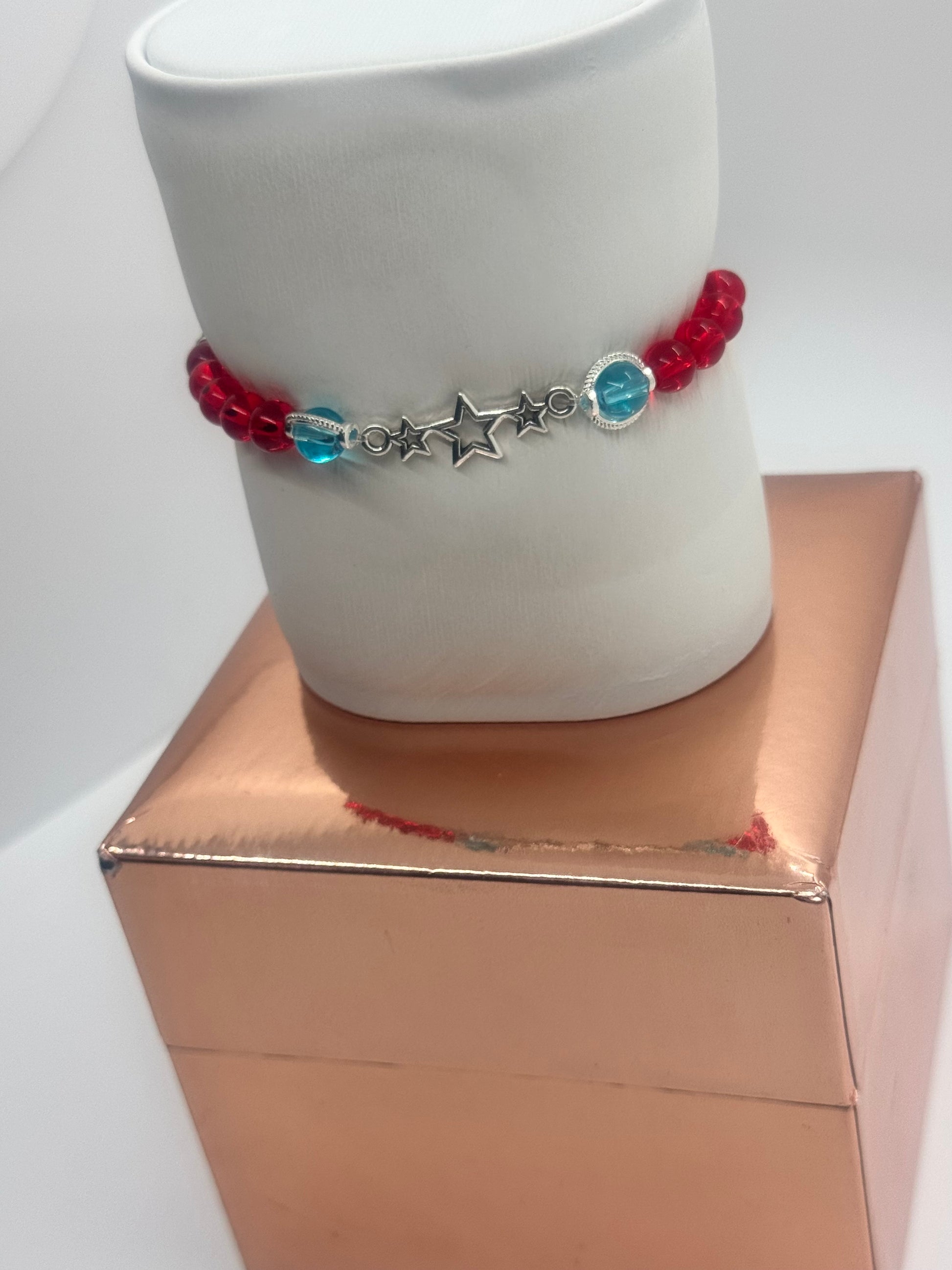 Red & Lake Blue Glass Bead Bracelet #148 with Star Charm