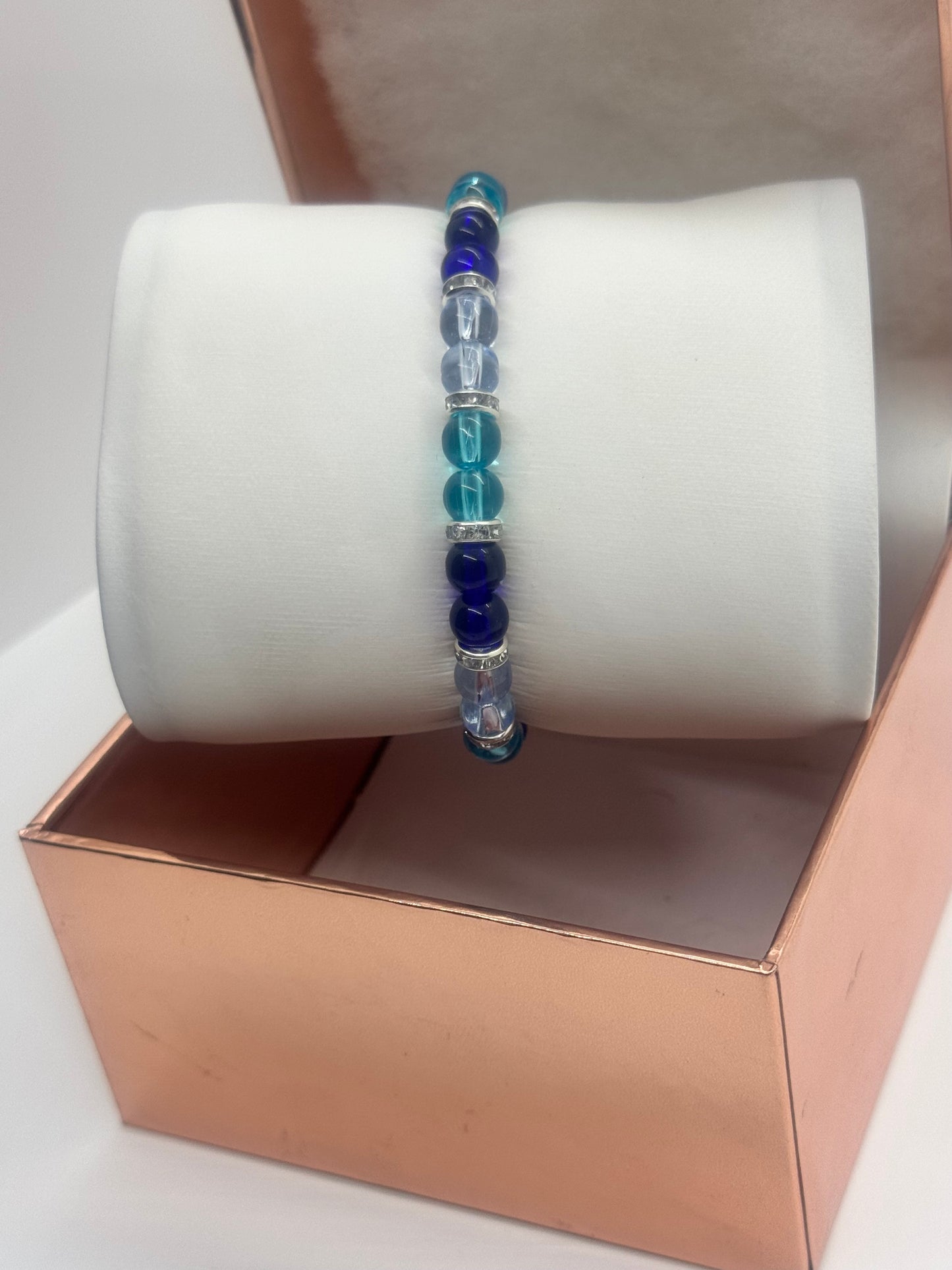 Glass Bead Bracelet #151 – Blue Transparent Beads with Silver & Crystal Accents