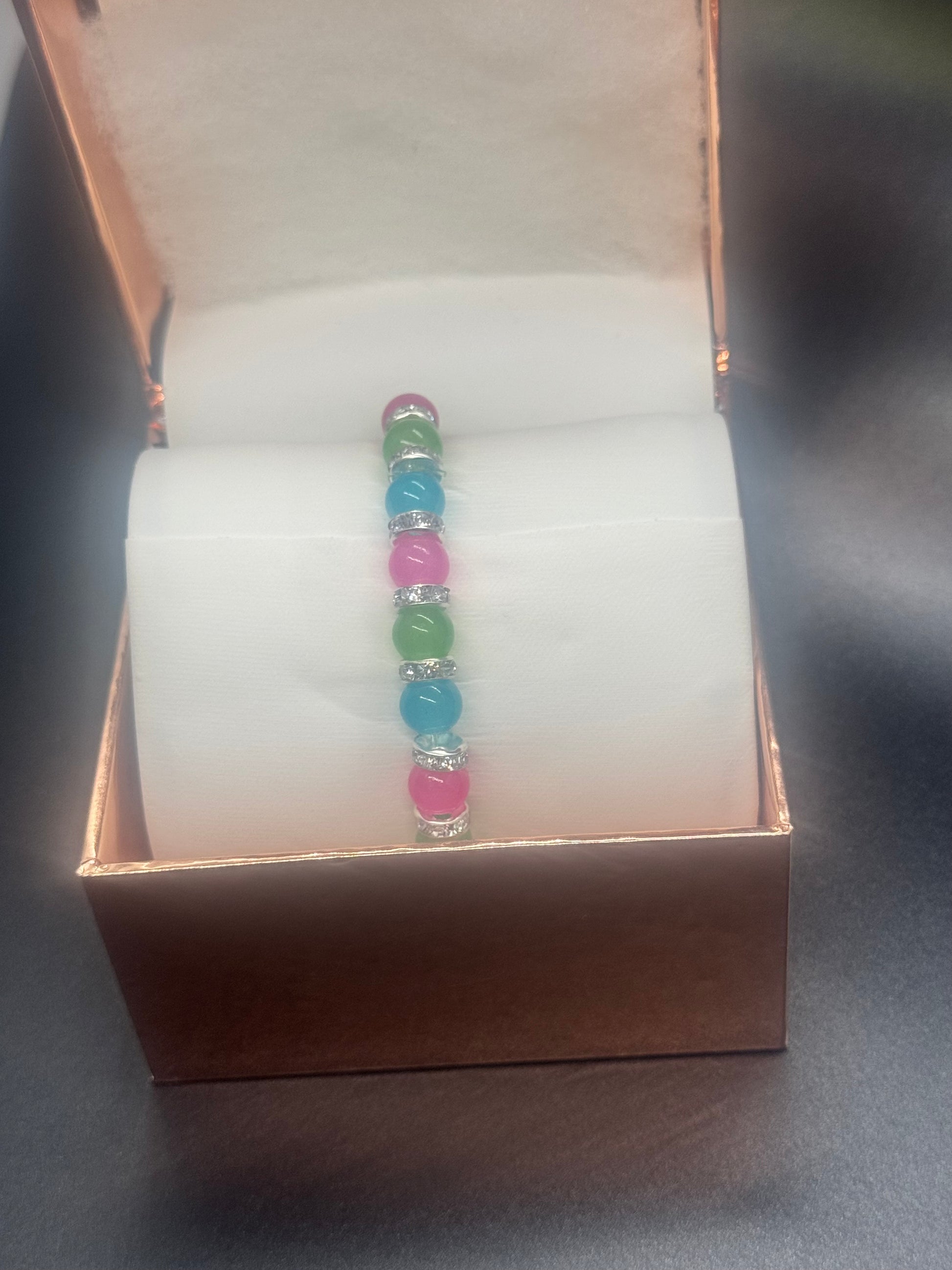 Glass Bead Bracelet #166 – Vibrant Pink, Green & Blue Beads with Silver Accents