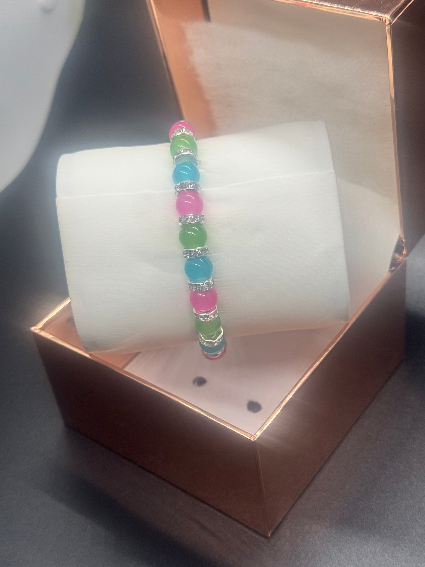 Glass Bead Bracelet #166 – Vibrant Pink, Green & Blue Beads with Silver Accents