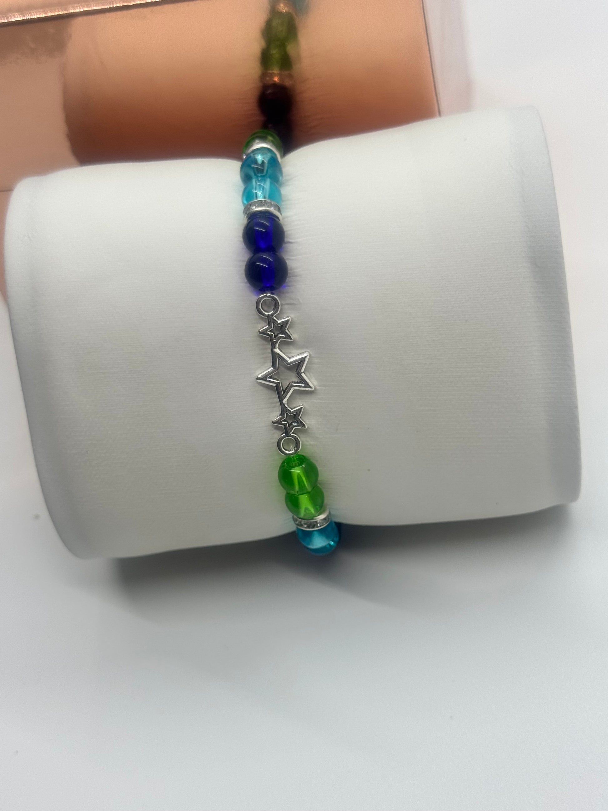 Nature-Inspired Charm Glass Bead Bracelet – Lake Blue & Green, 7" #24
