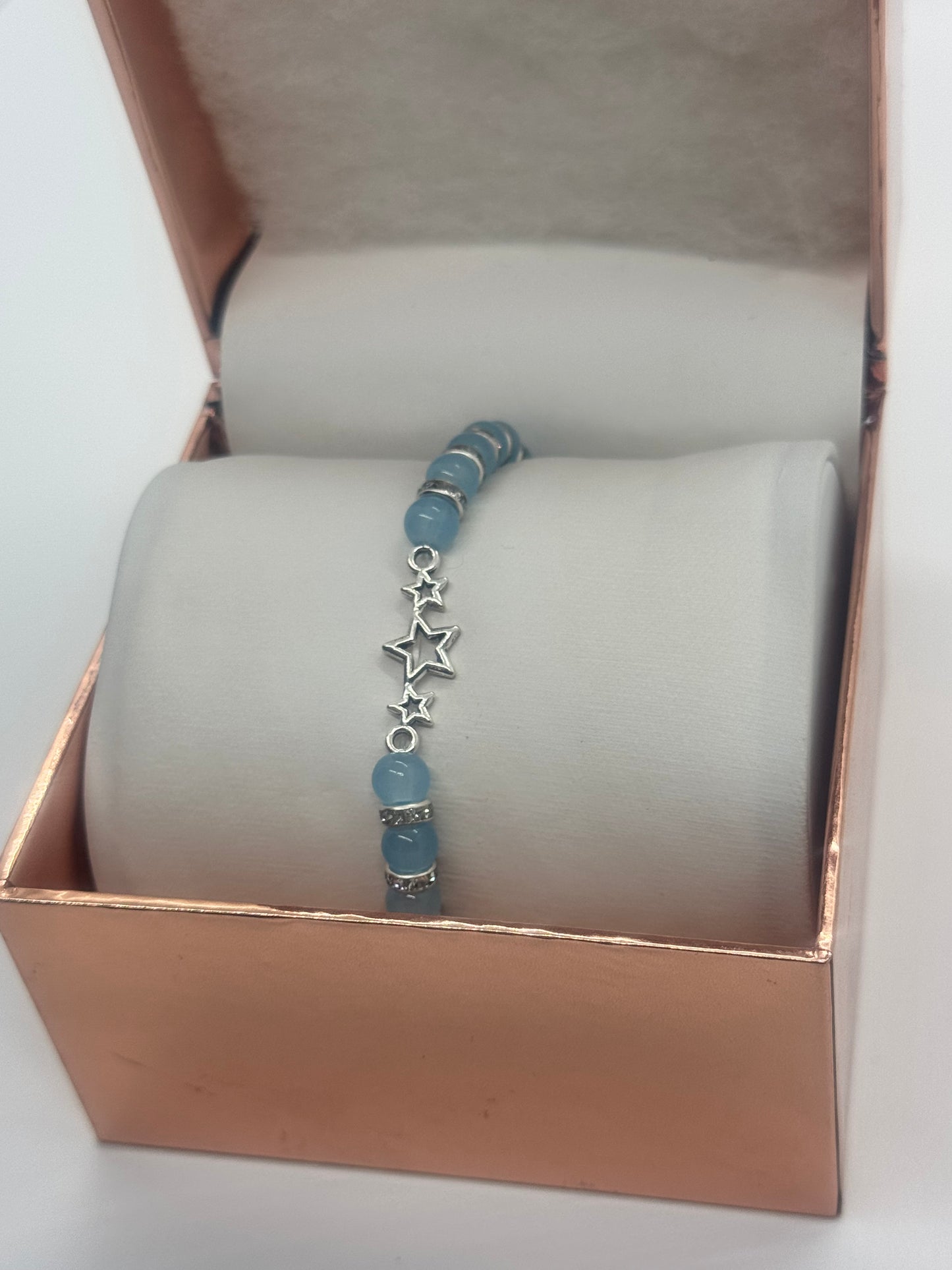 Charm Bracelet #161 – Sky Blue Beads with Silver Star Charm