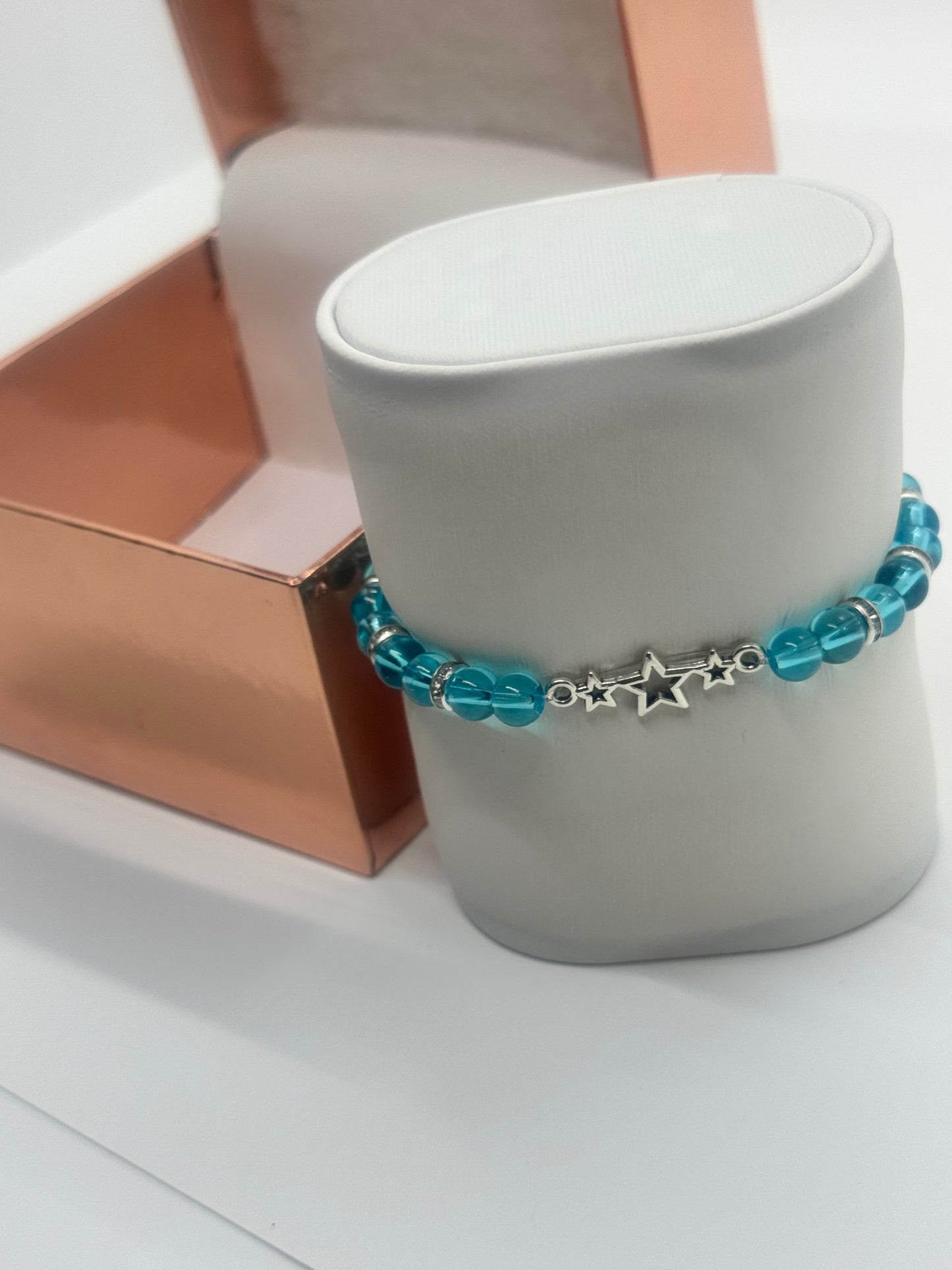 Elegant Lake Blue Glass Charm Bracelet with Silver & Crystal Accents – 7” #30