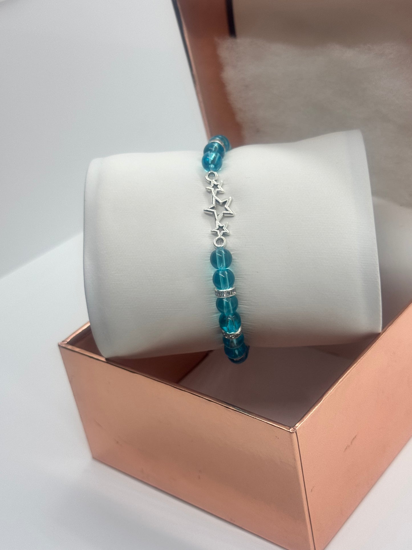 Elegant Lake Blue Glass Charm Bracelet with Silver & Crystal Accents – 7” #30