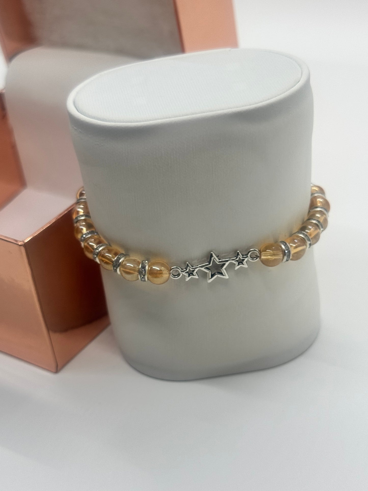 Charm Bracelet #154 – Golden Champagne Beads with Silver 3-Star Charm