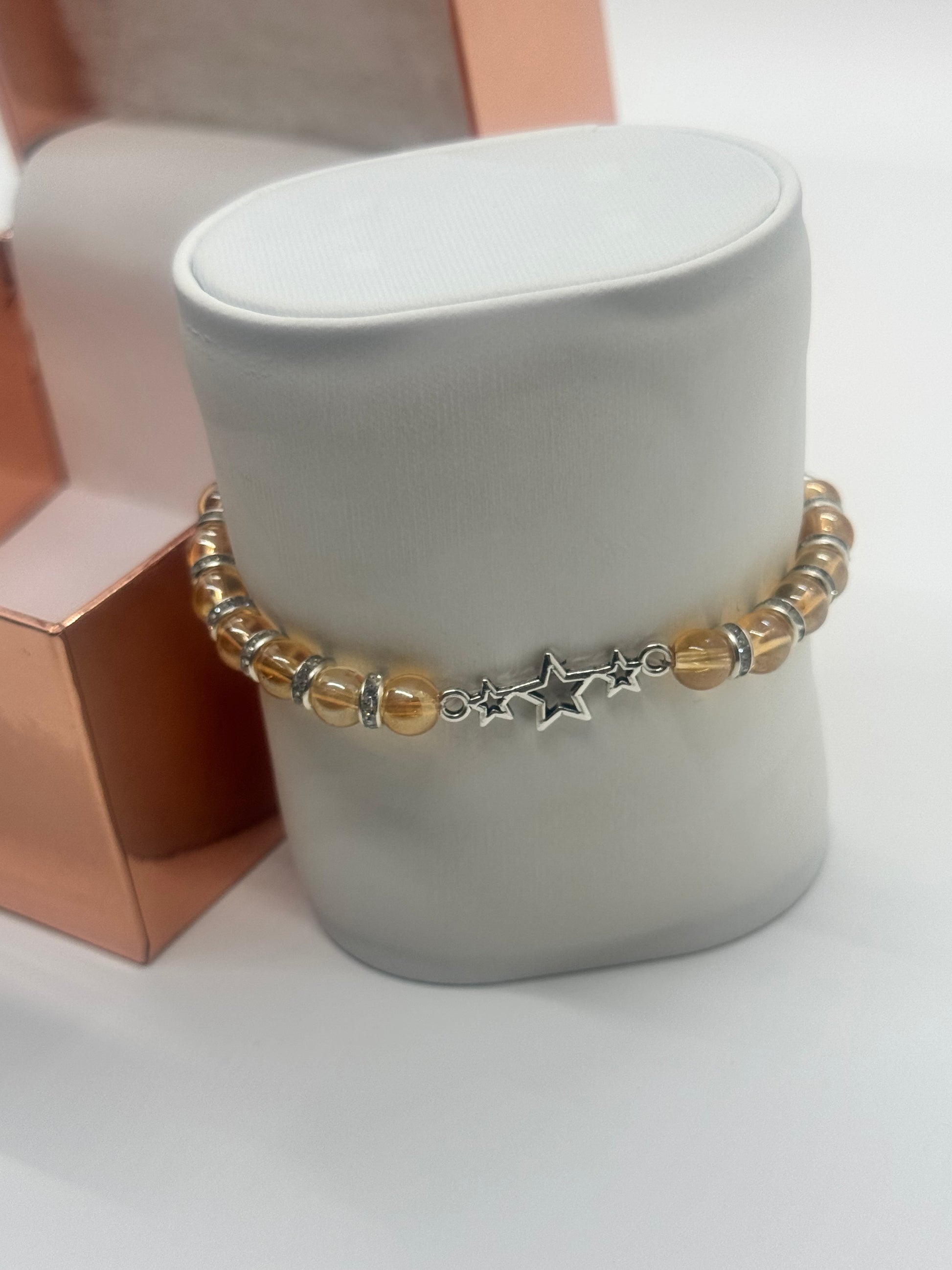 Charm Bracelet #154 – Golden Champagne Beads with Silver 3-Star Charm