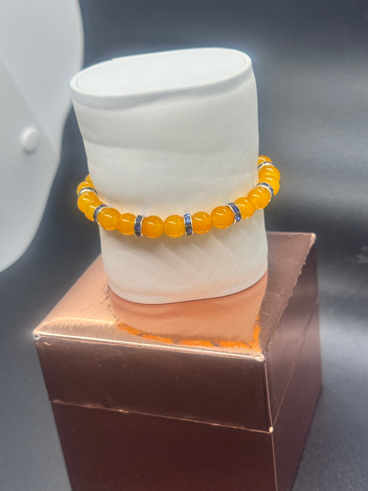 Glass Bead Bracelet #137 – Yellow Beads with Silver & Dark Blue Crystals
