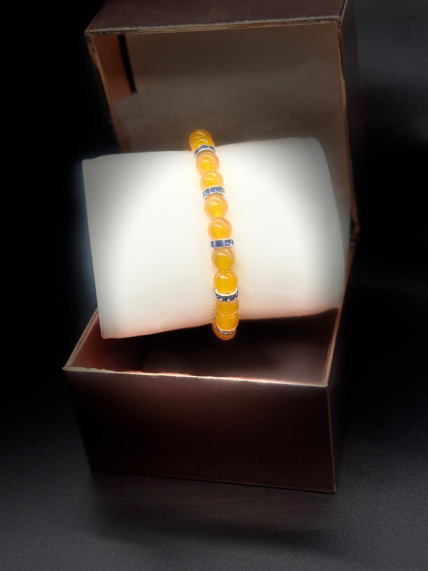 Glass Bead Bracelet #137 – Yellow Beads with Silver & Dark Blue Crystals