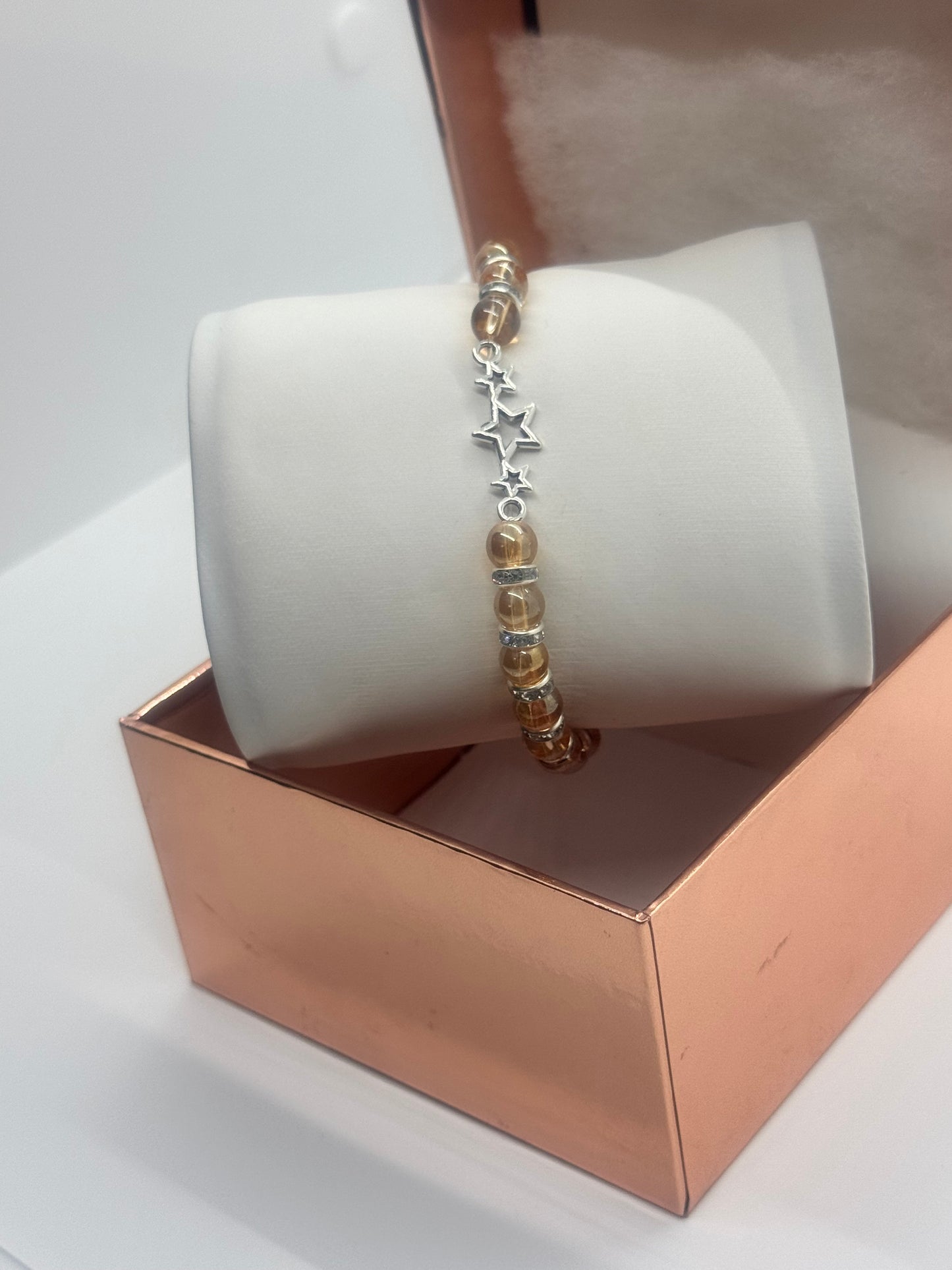 Charm Bracelet #154 – Golden Champagne Beads with Silver 3-Star Charm