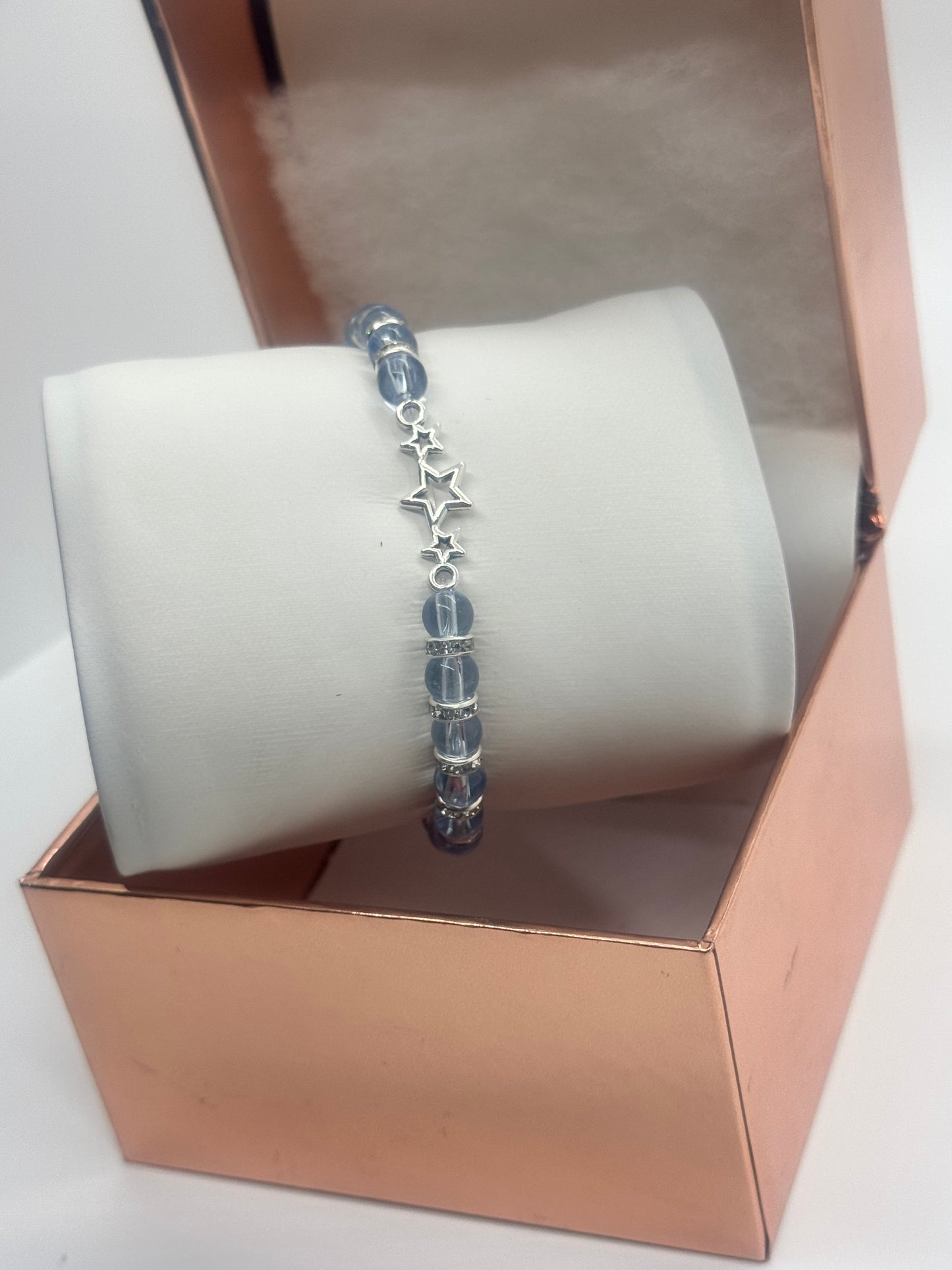 Charm Bracelet #155 – Baby Blue Beads with Silver 3-Star Charm