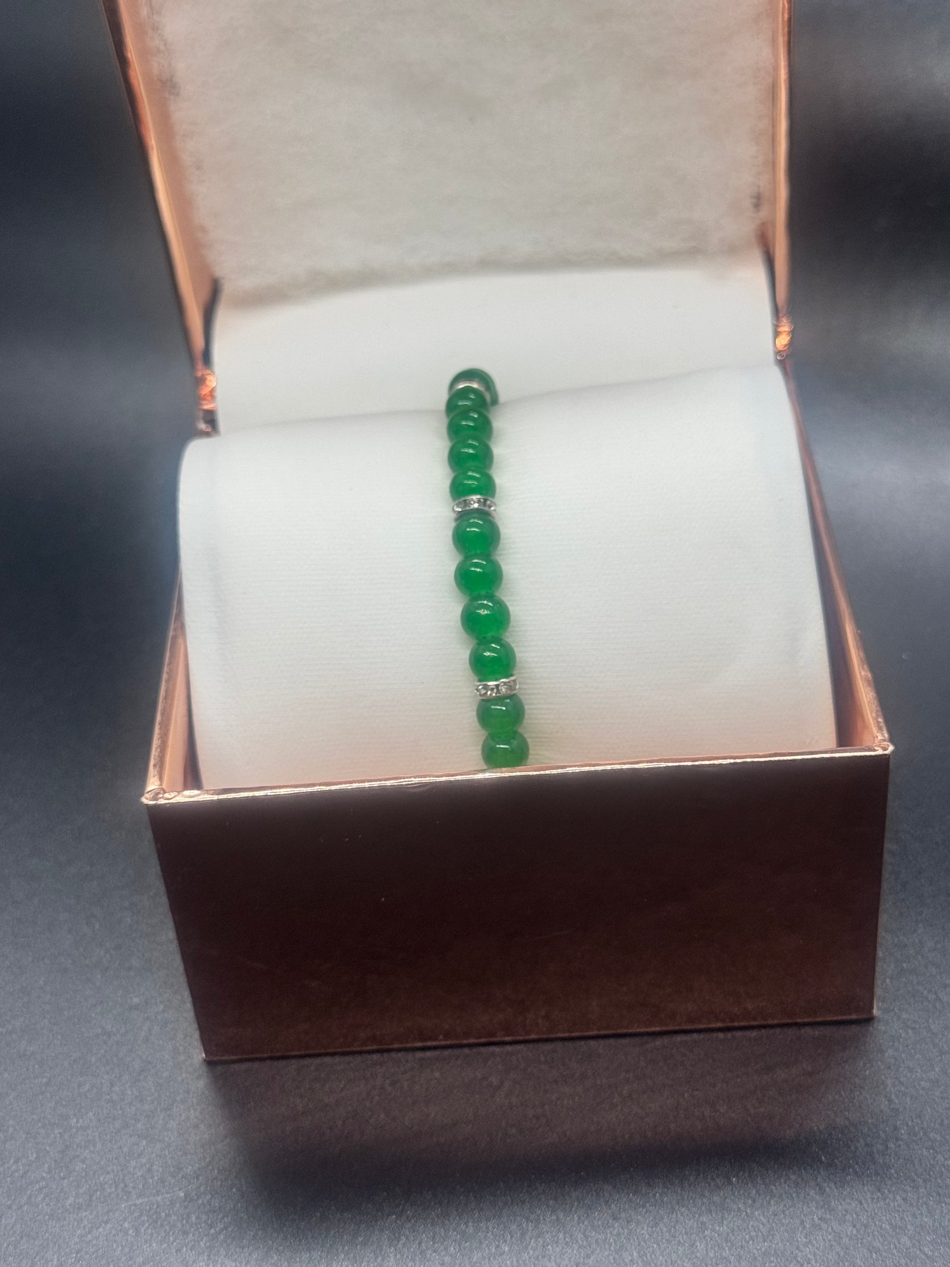 Glass Bead Bracelet #133 – Dark Green Beads with Crystal Spacers