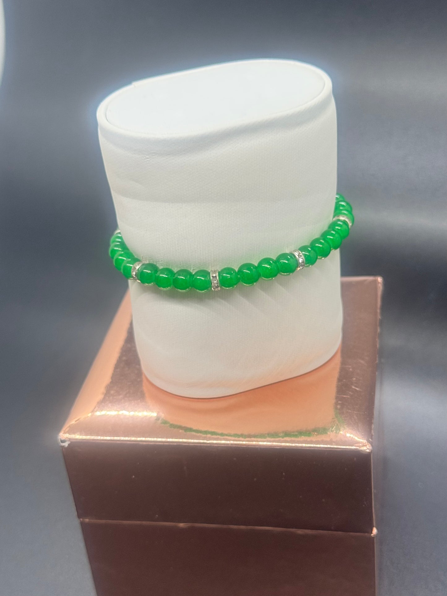 Glass Bead Bracelet #133 – Dark Green Beads with Crystal Spacers