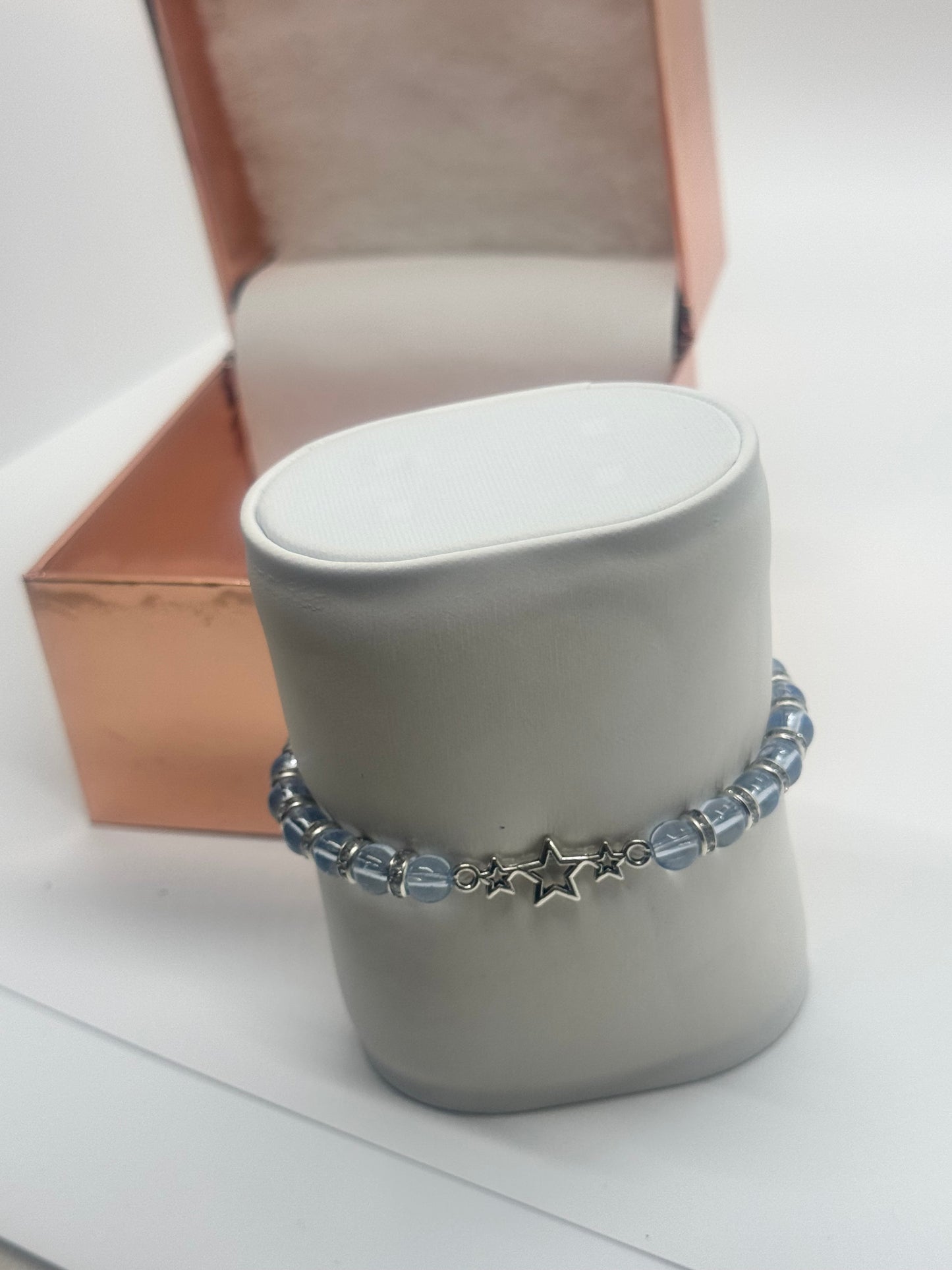 Charm Bracelet #155 – Baby Blue Beads with Silver 3-Star Charm