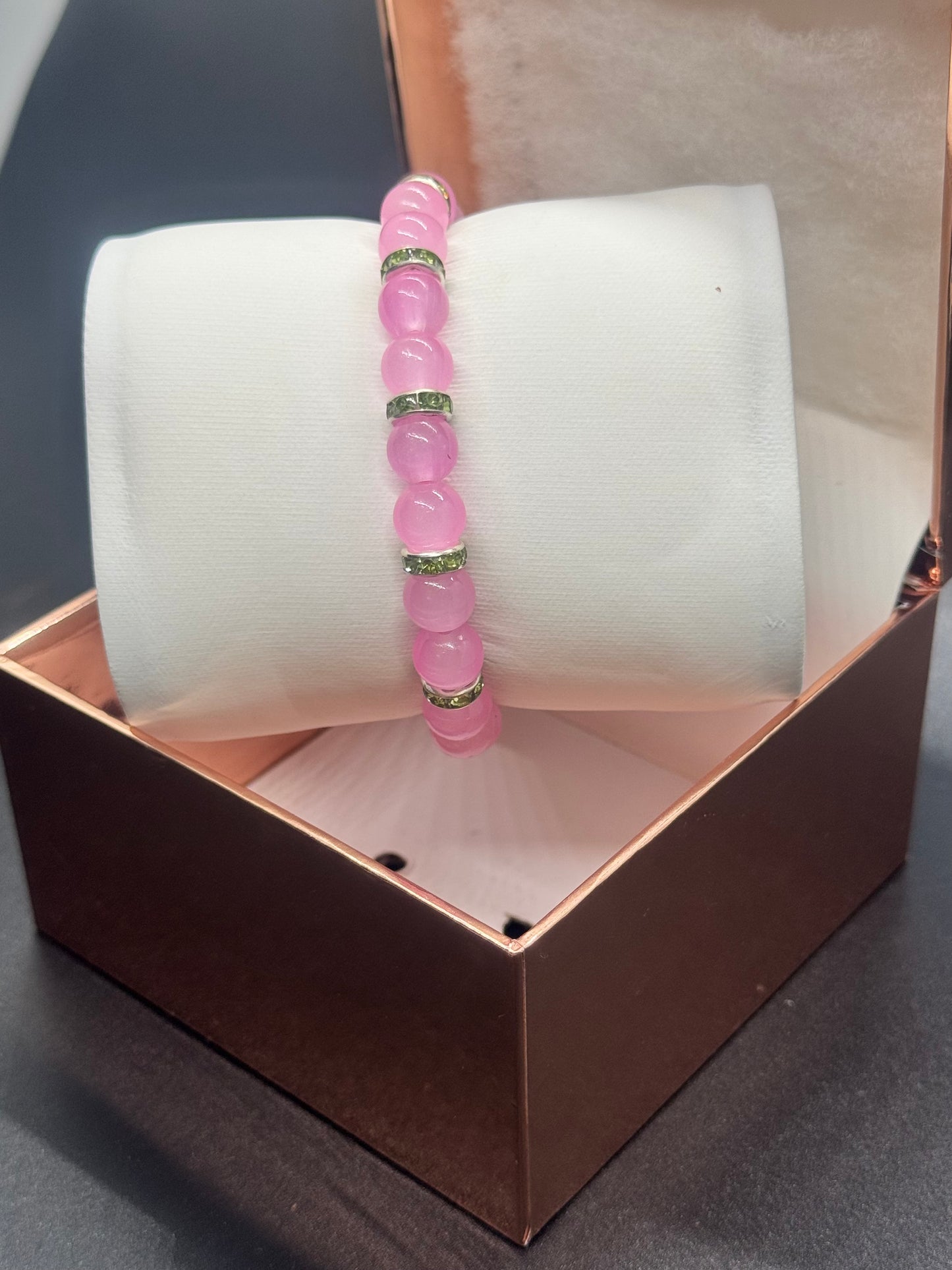 Glass Bead Bracelet #176 – Pink Beads with Silver & Green Crystals
