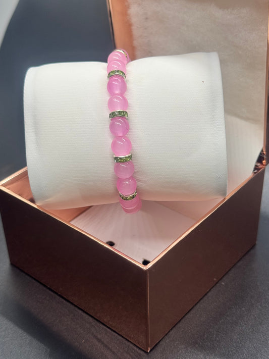Glass Bead Bracelet #176 – Pink Beads with Silver & Green Crystals