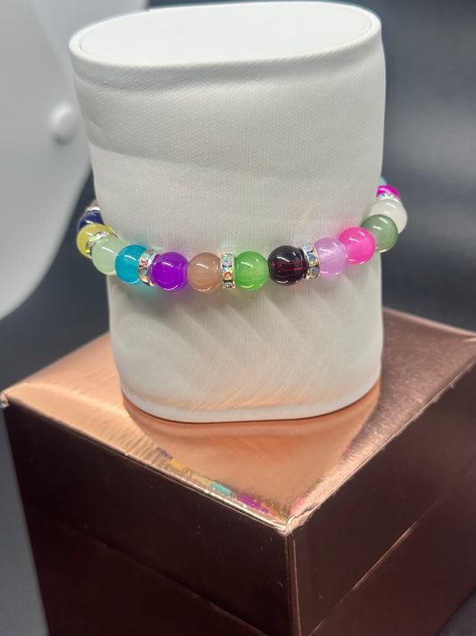 Glass Bead Bracelet #116 – Multi-Colored & Crystal Accents