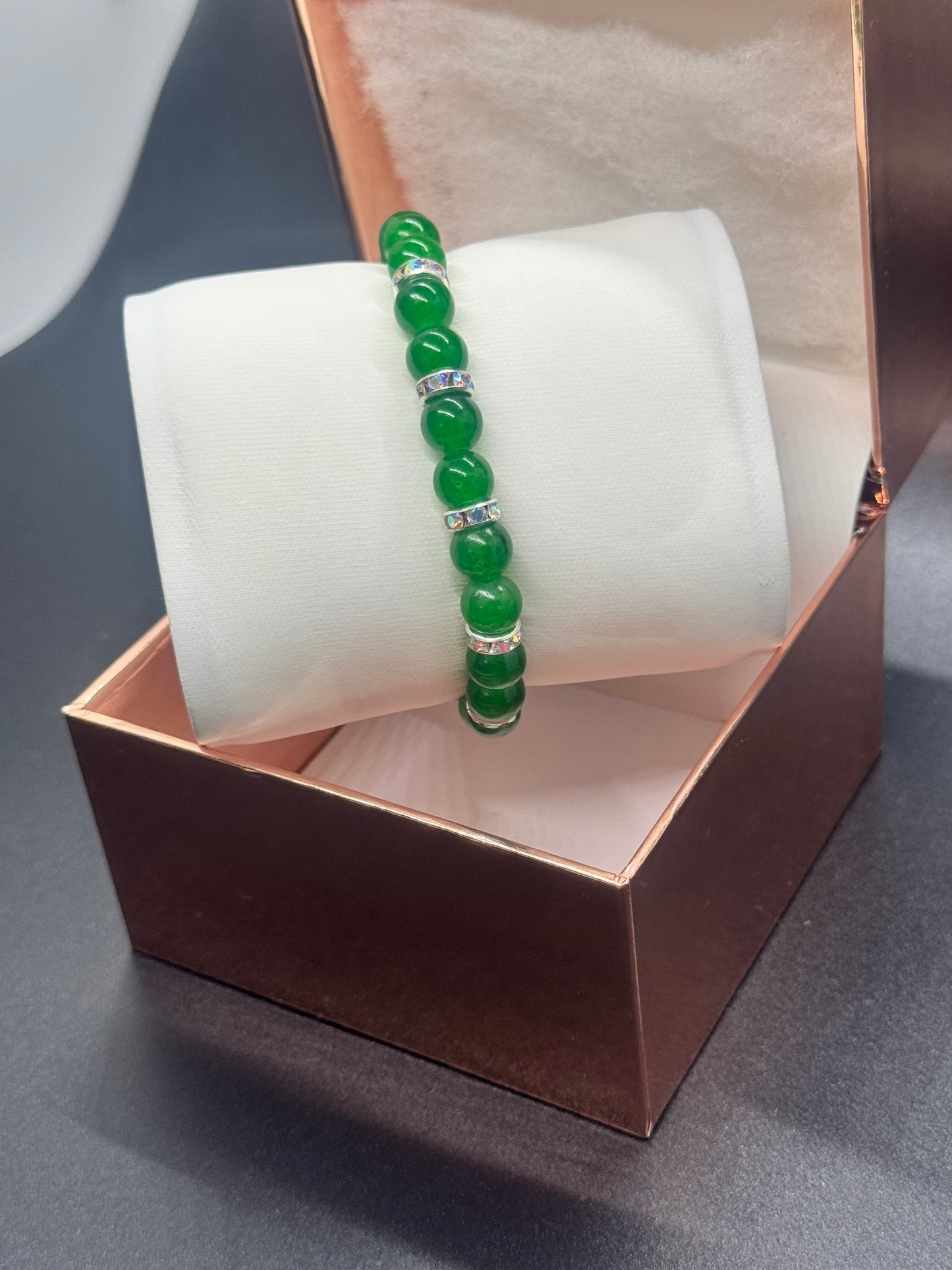 Glass Bead Bracelet #123 – Elegant Green Beads & Crystals