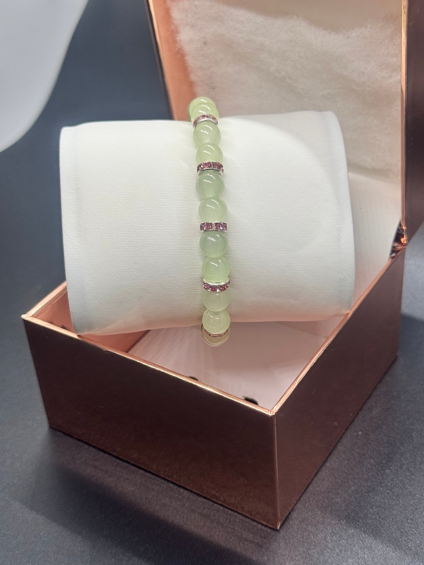 Glass Bead Bracelet #101 – Mint Green with Crystal Spacers