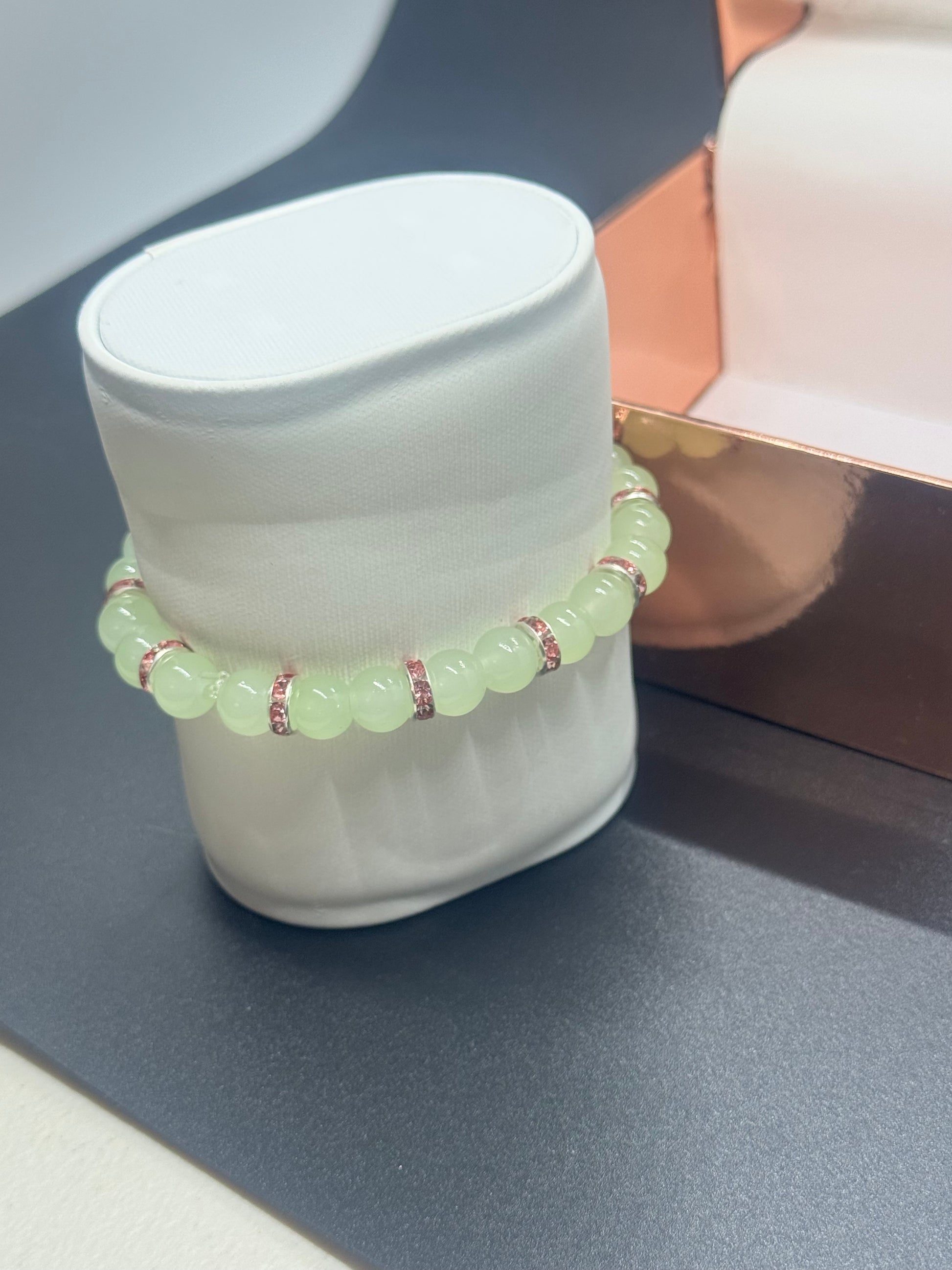 Glass Bead Bracelet #101 – Mint Green with Crystal Spacers