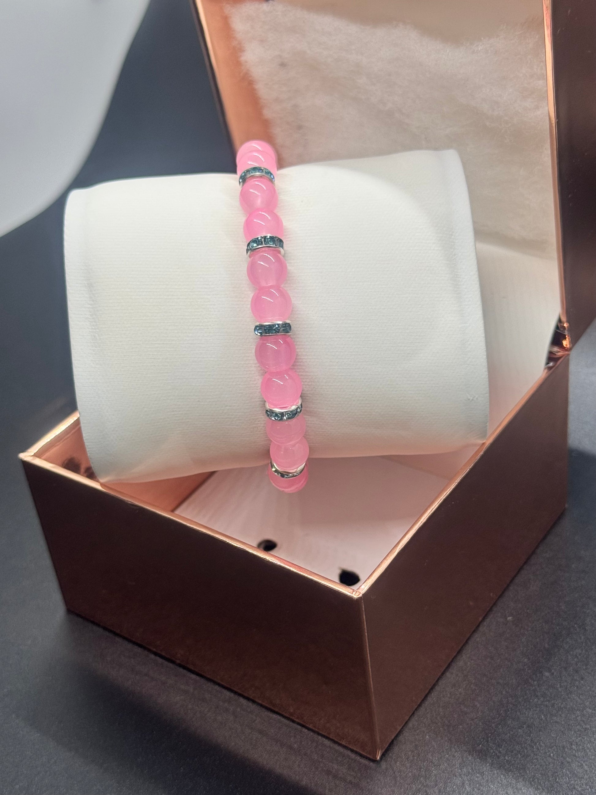 Glass Bead Bracelet #128 – Pink Beads with Silver & Blue