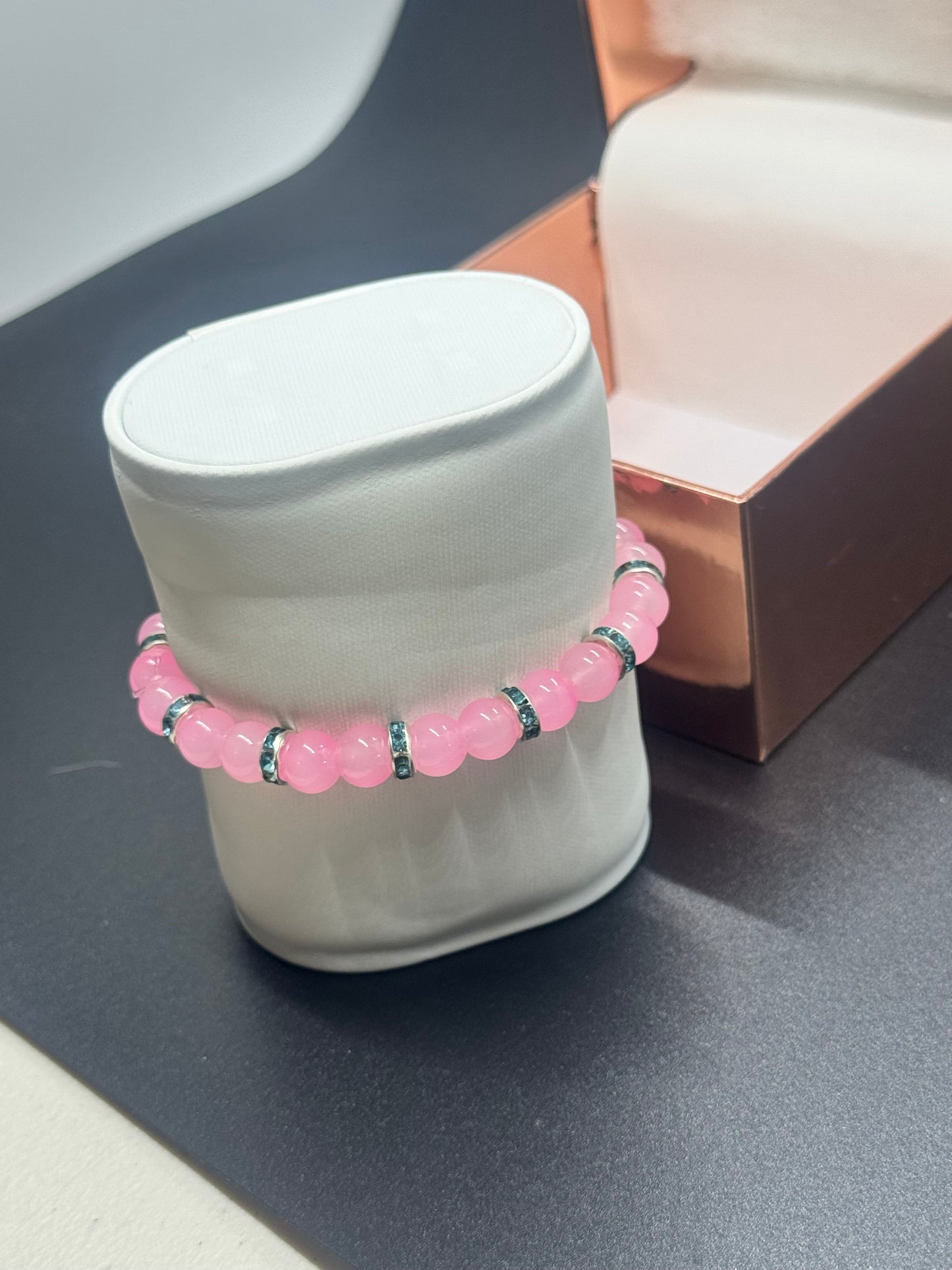 Glass Bead Bracelet #128 – Pink Beads with Silver & Blue