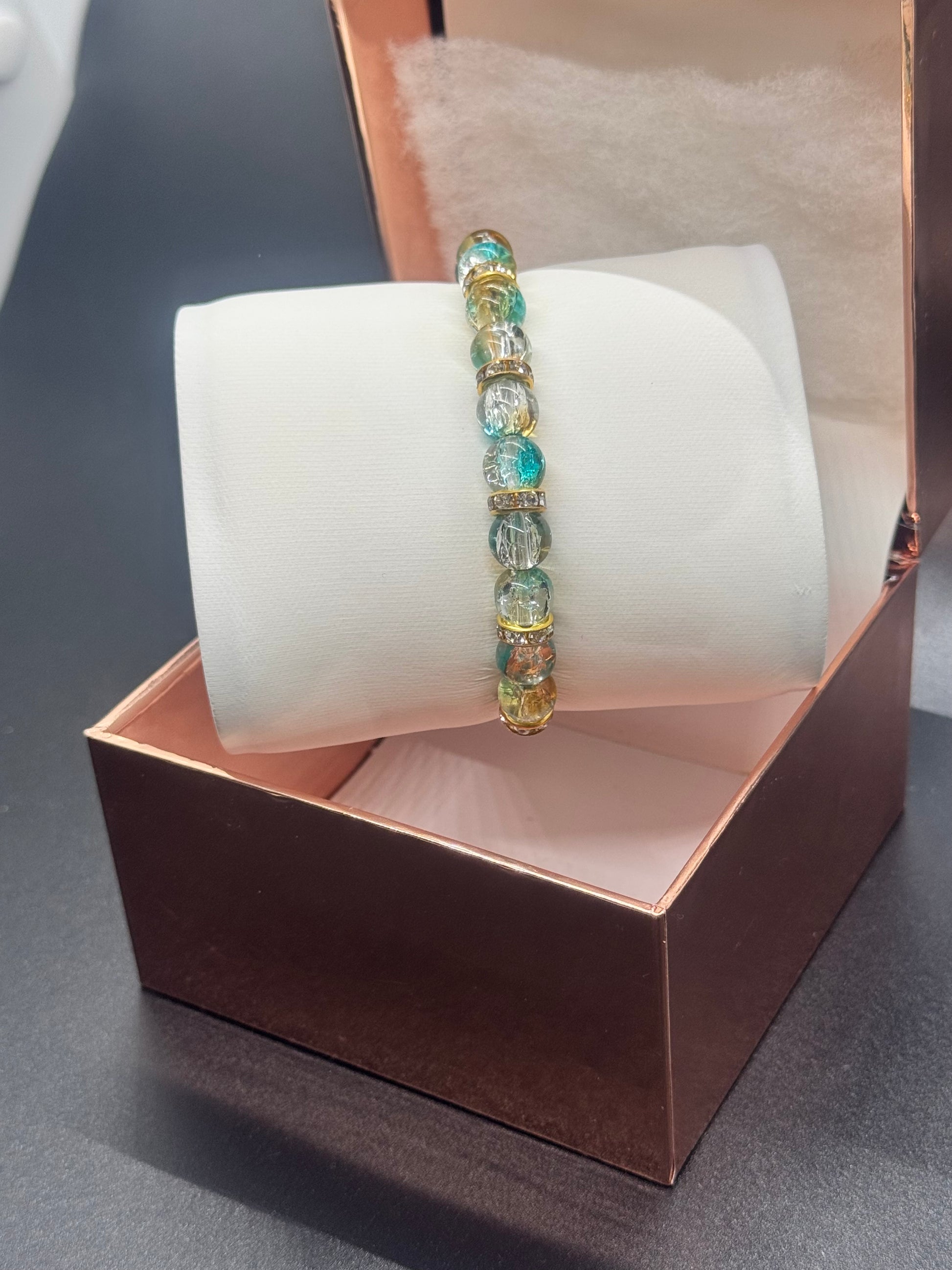 Glass Bead Bracelet #170 – Light Blue & Gold Elegance