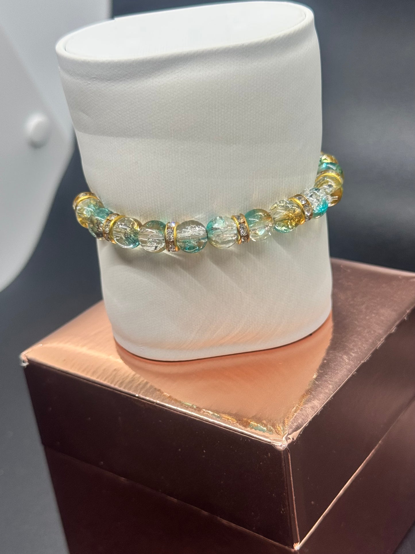 Glass Bead Bracelet #170 – Light Blue & Gold Elegance