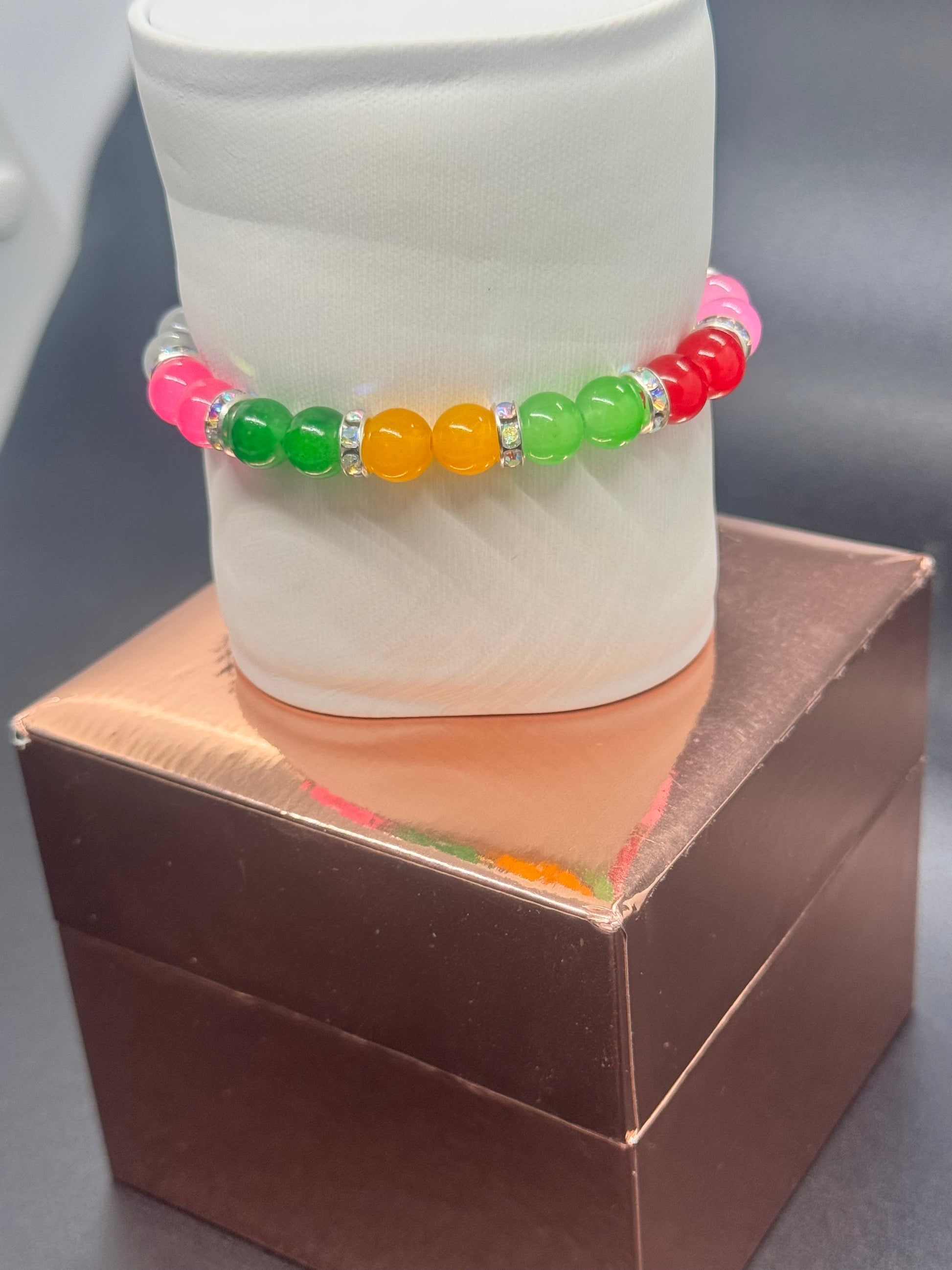 Glass Bead Bracelet #153 – Multi-Colored Beads with Silver & Crystal Accents