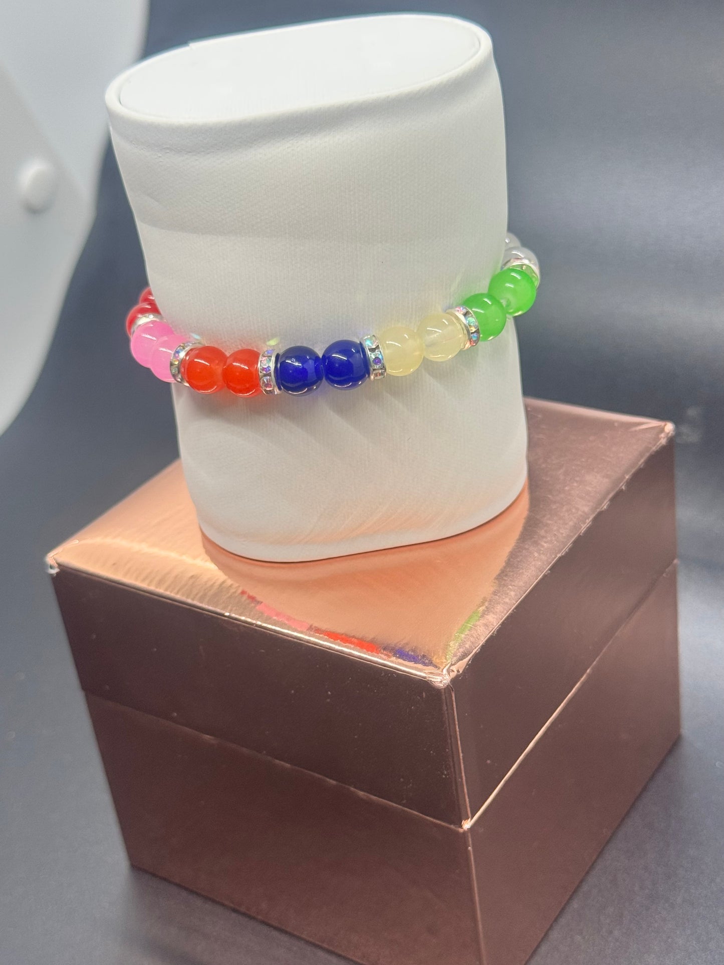 Glass Bead Bracelet #153 – Multi-Colored Beads with Silver & Crystal Accents
