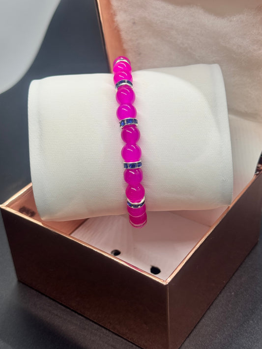 Glass Bead Bracelet #126 – Pink Beads with Silver & Blue