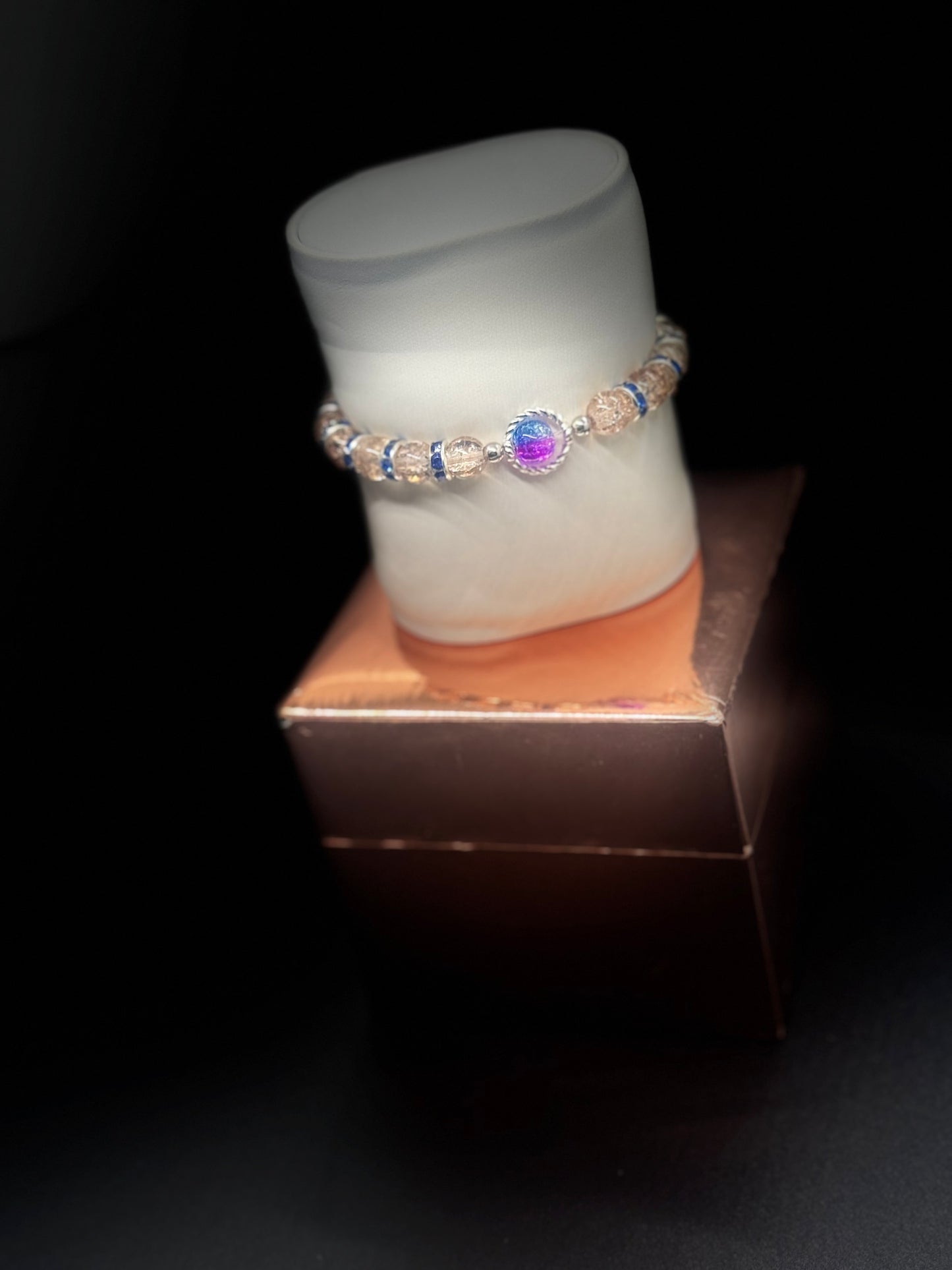 Fancy Bead Bracelet #127 – Champagne Crackle & Blue Crystals