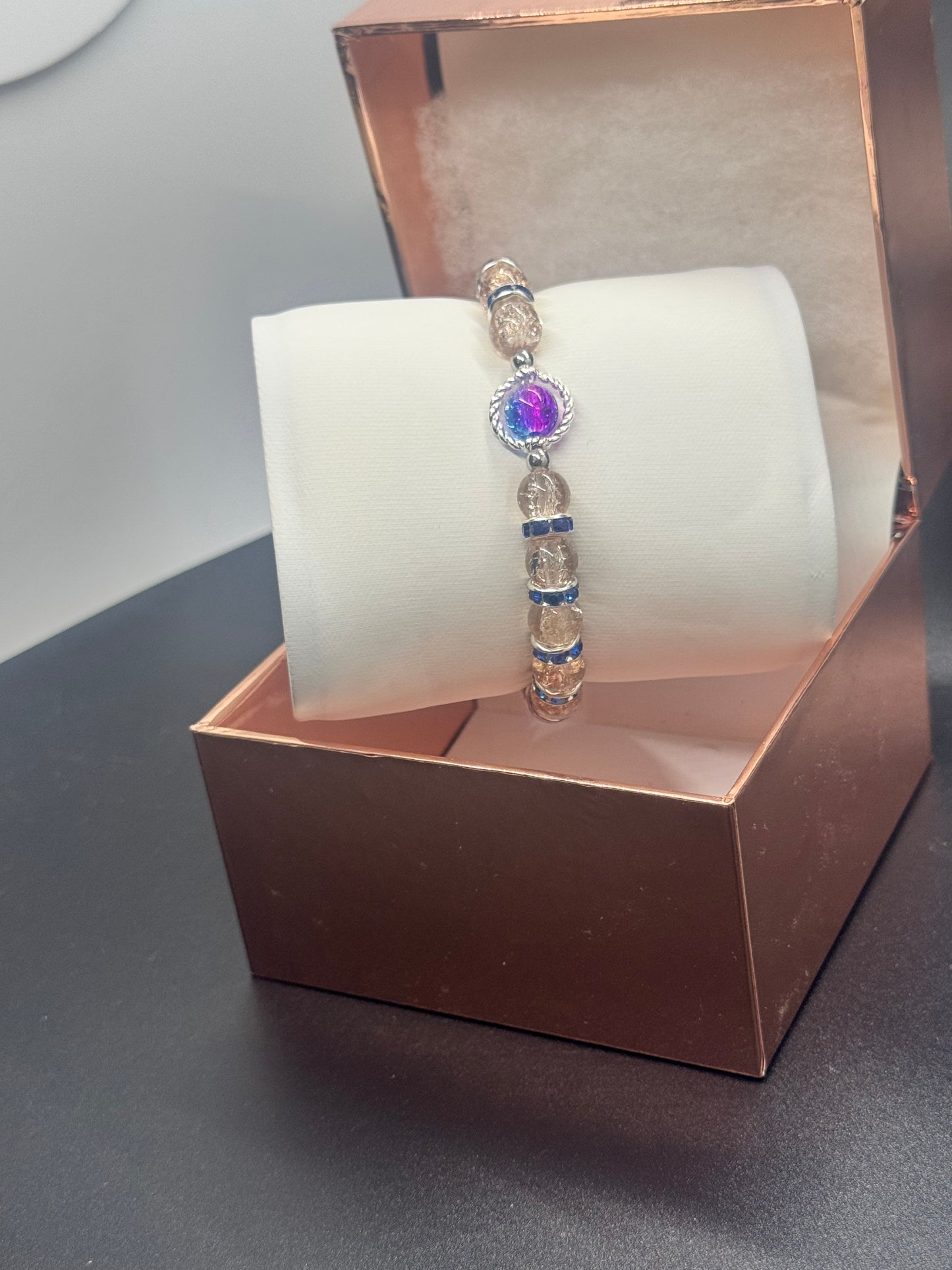 Fancy Bead Bracelet #127 – Champagne Crackle & Blue Crystals